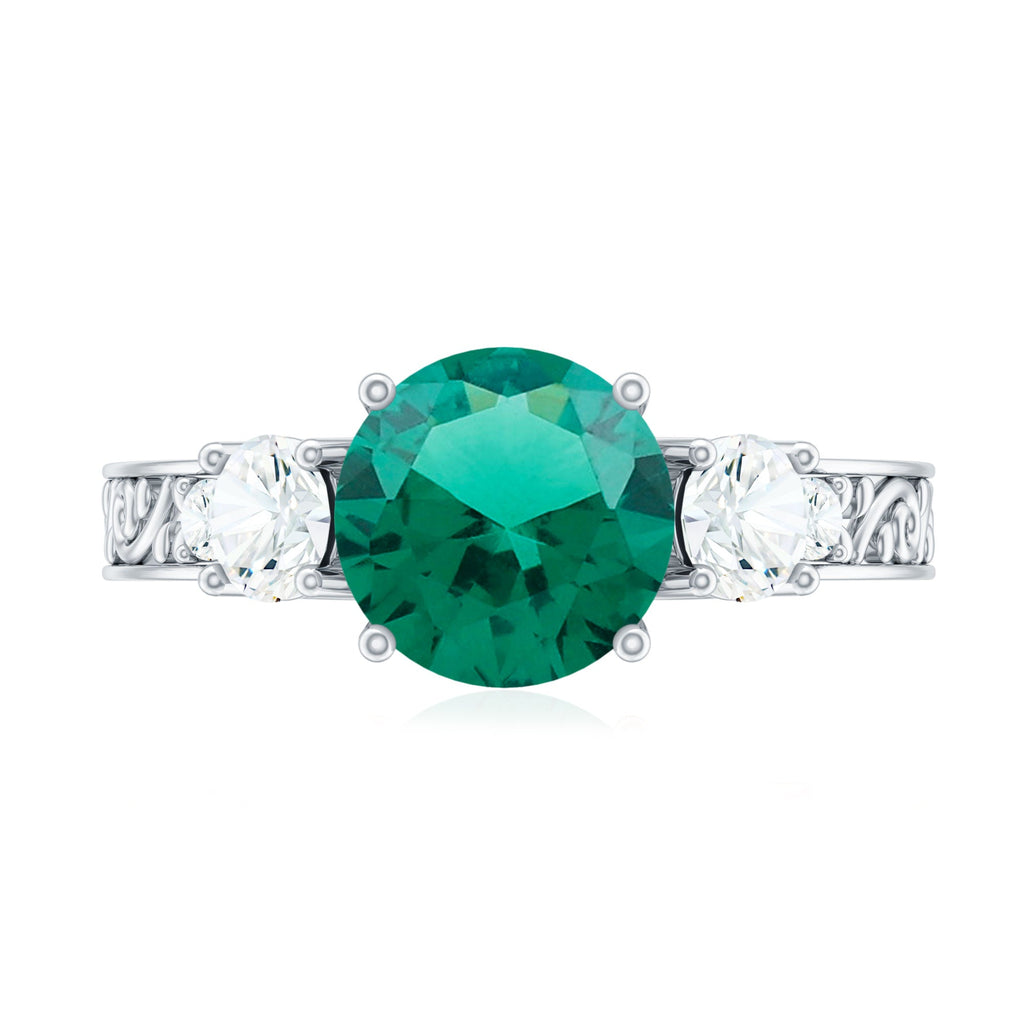 Antique Style Lab Grown Emerald Three Stone Engagement Ring with Moissanite