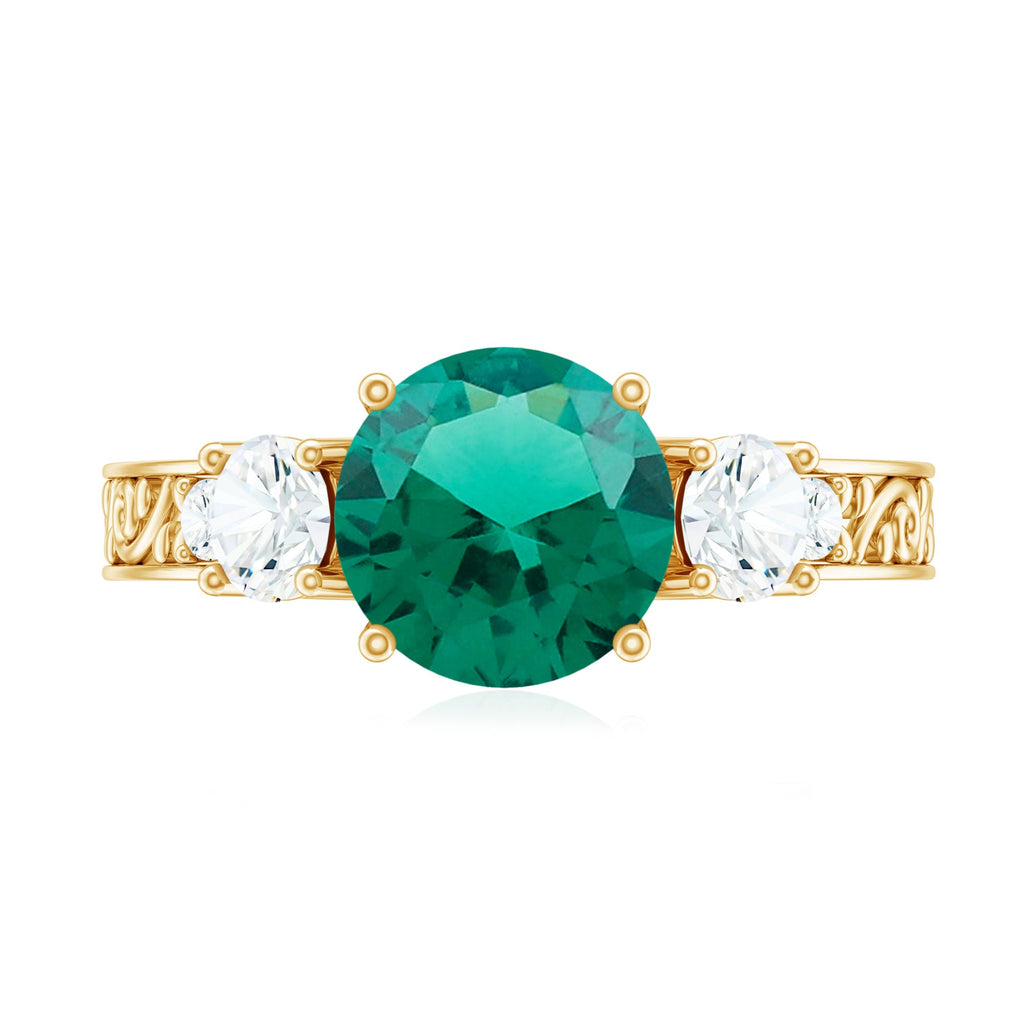 Antique Style Lab Grown Emerald Three Stone Engagement Ring with Moissanite