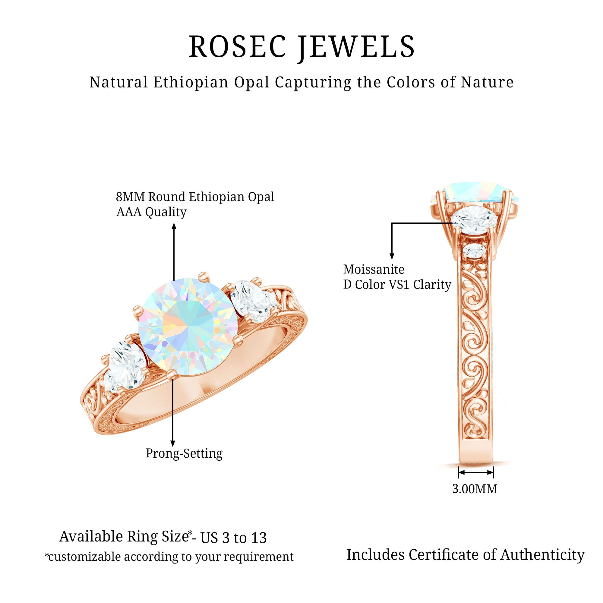 Certified Real Ethiopian Opal 3 Stone Engagement Ring With Certificate