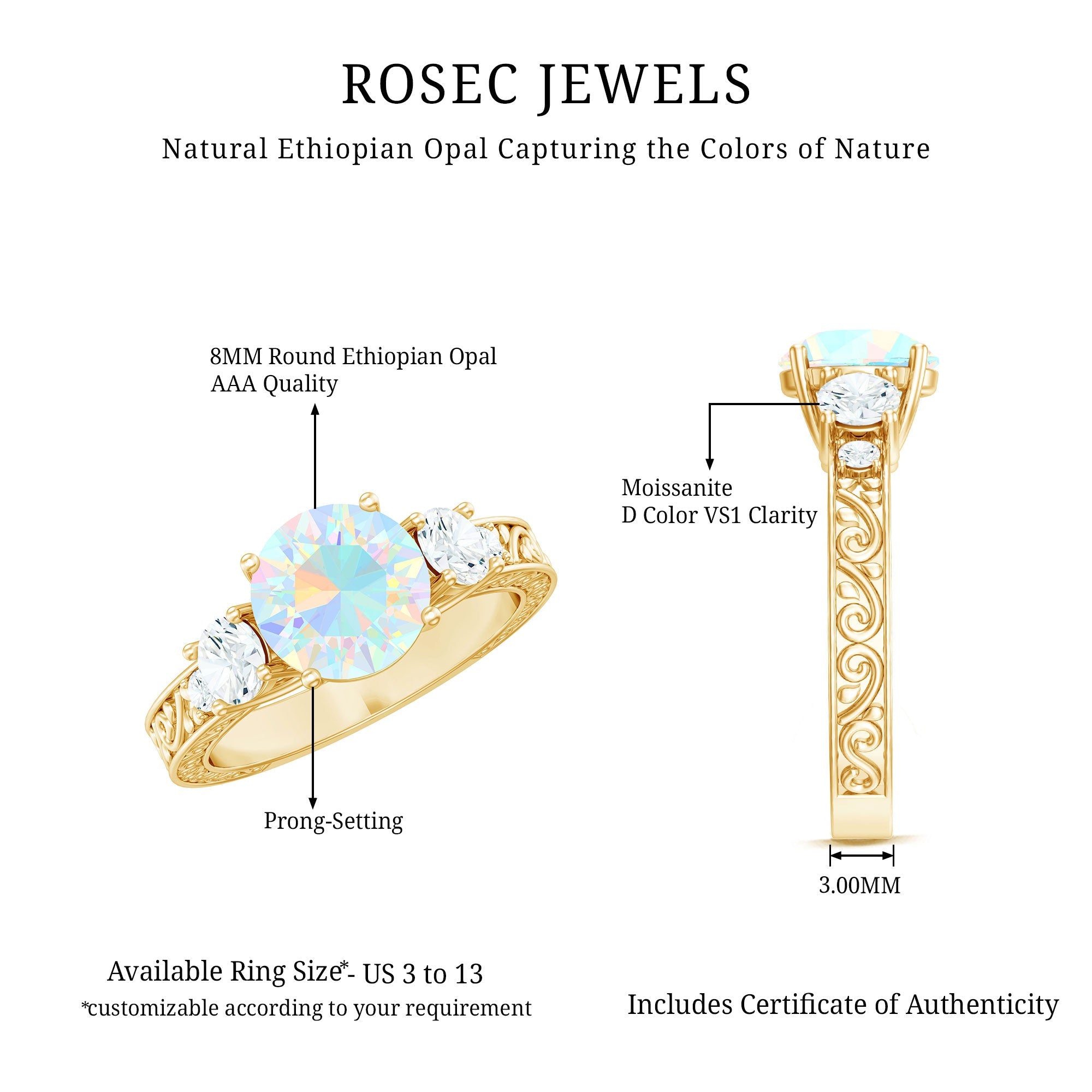 Certified Real Ethiopian Opal 3 Stone Engagement Ring With Certificate