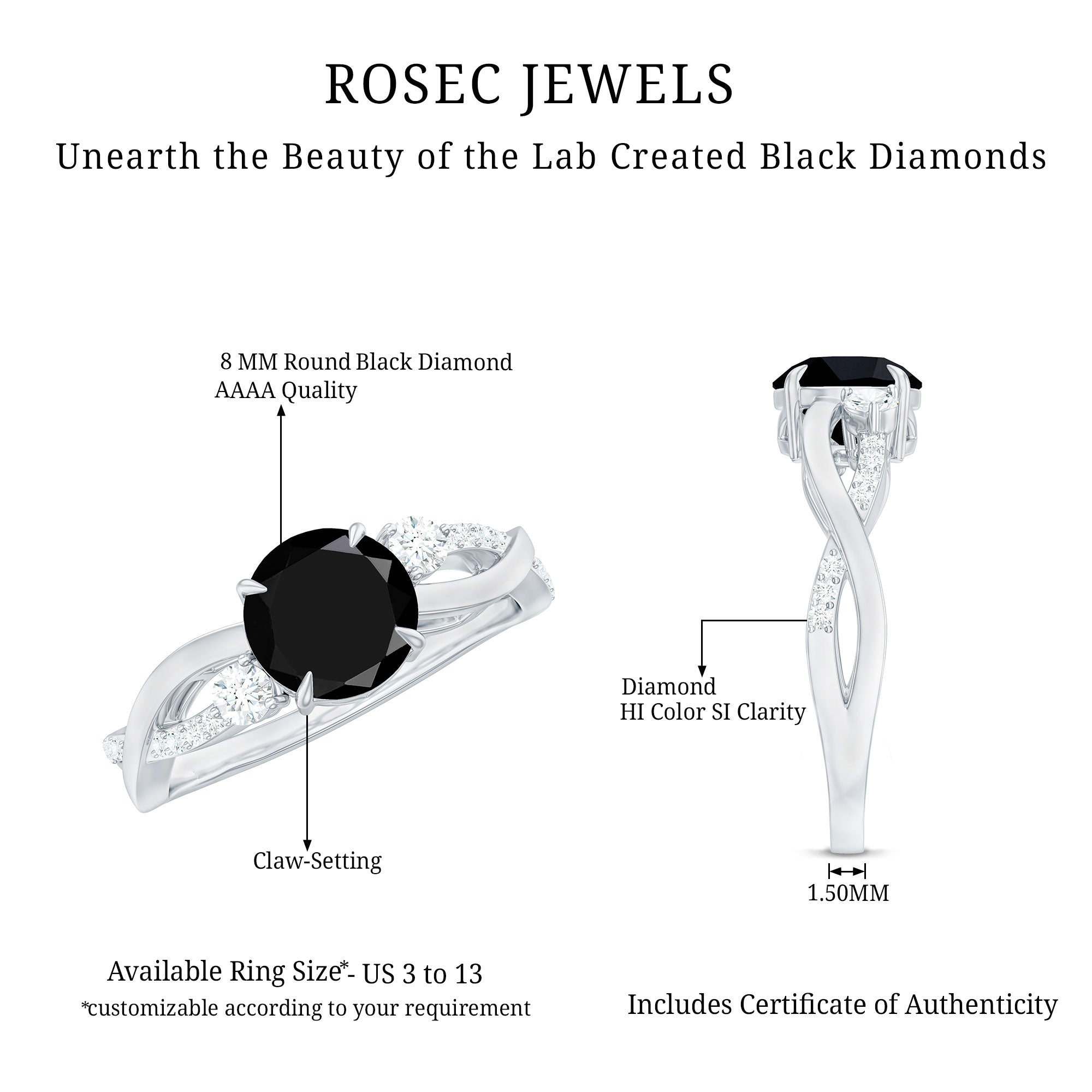 Created Black Diamond and Diamond Engagement Ring with Crossover Shank