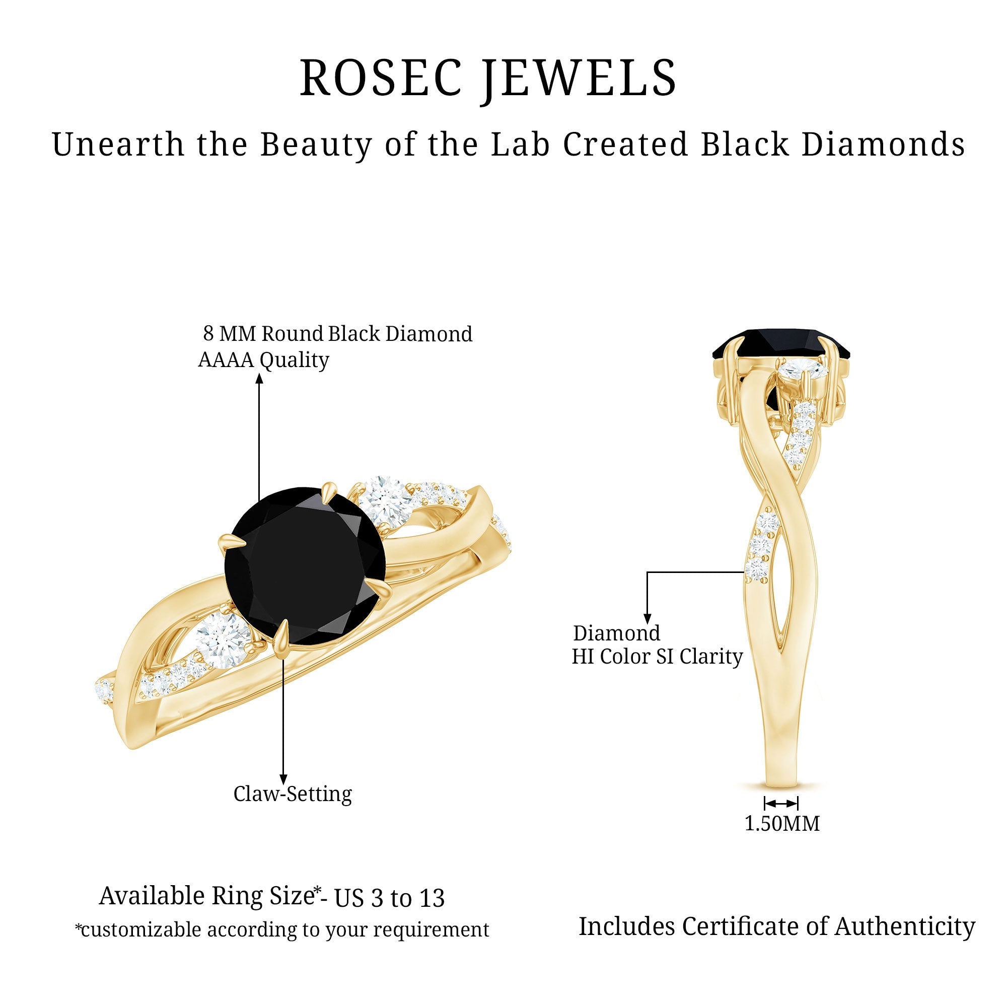 Created Black Diamond and Diamond Engagement Ring with Crossover Shank