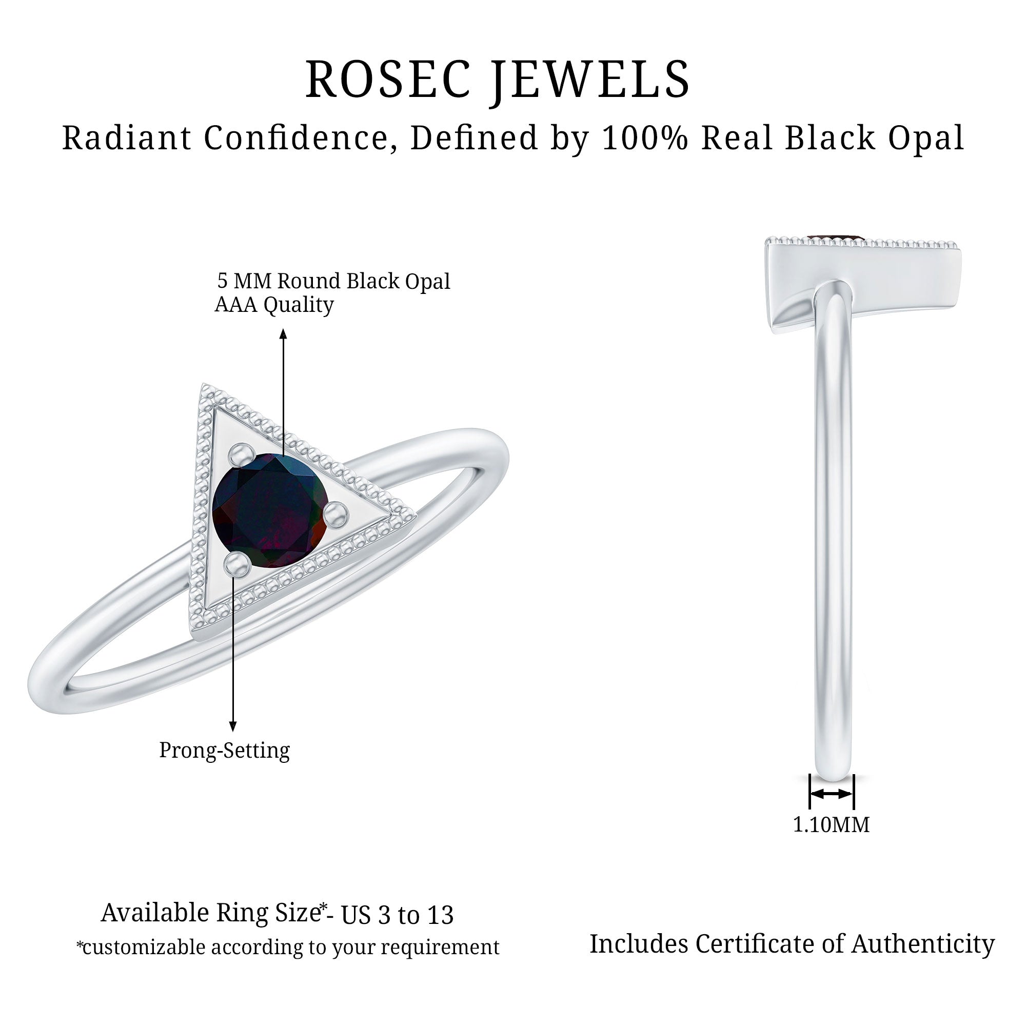 1/4 CT Round Black Opal Gold Triangle Minimal Promise Ring