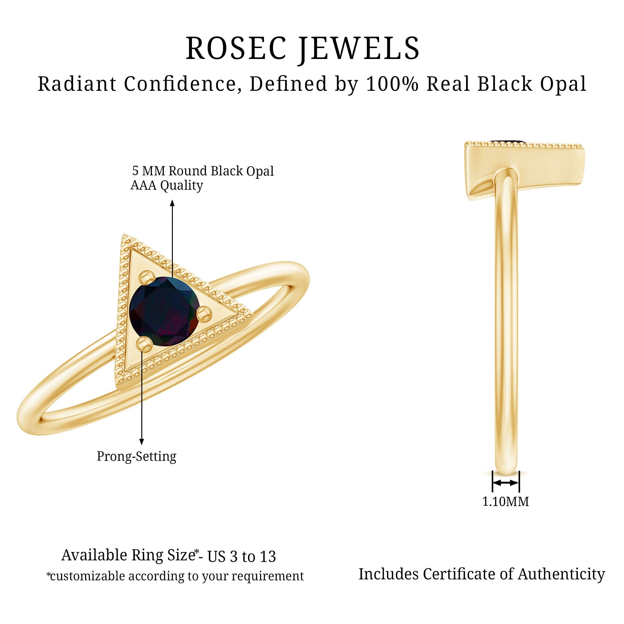 1/4 CT Round Black Opal Gold Triangle Minimal Promise Ring