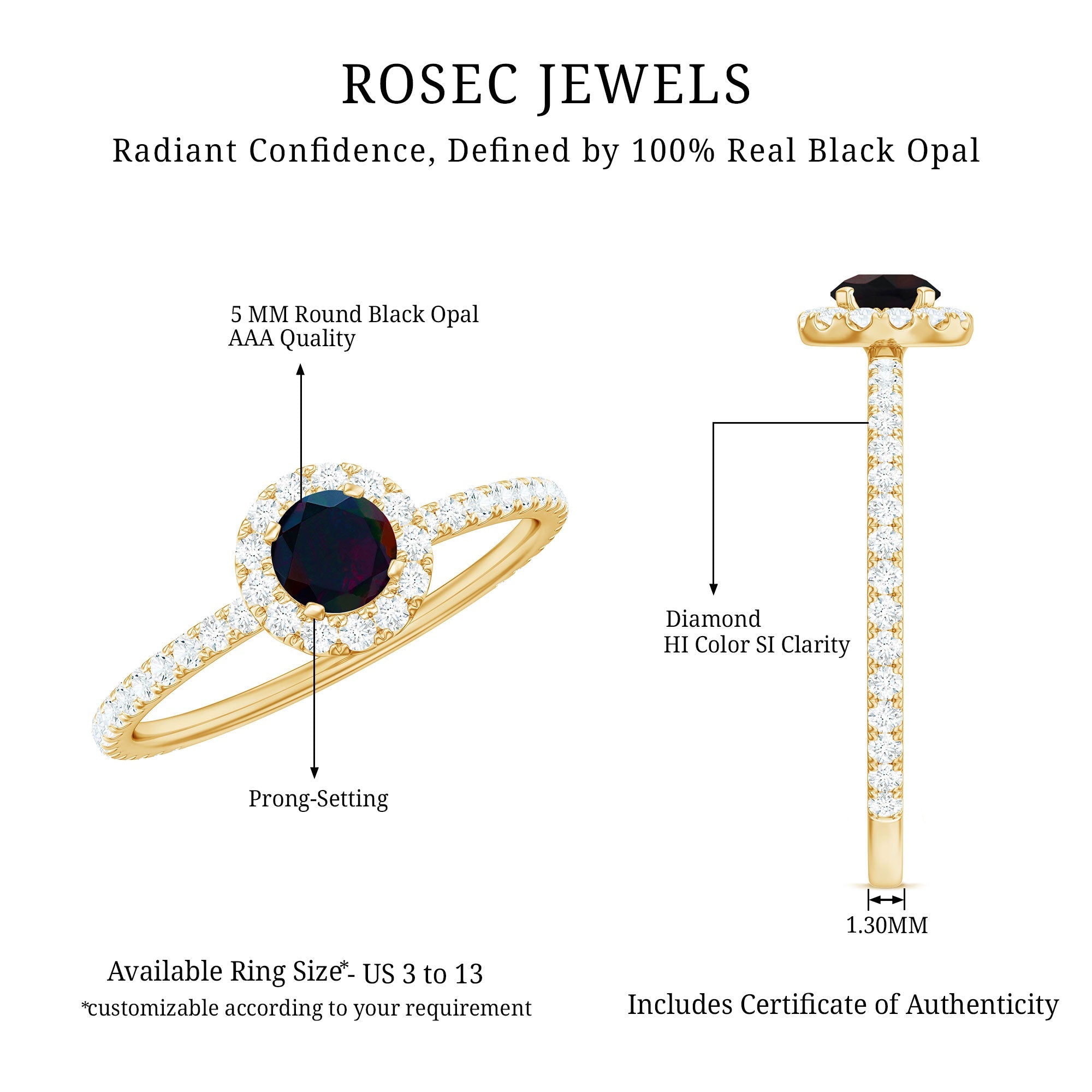 Genuine Black Opal Minimal Promise Ring with Diamond Halo