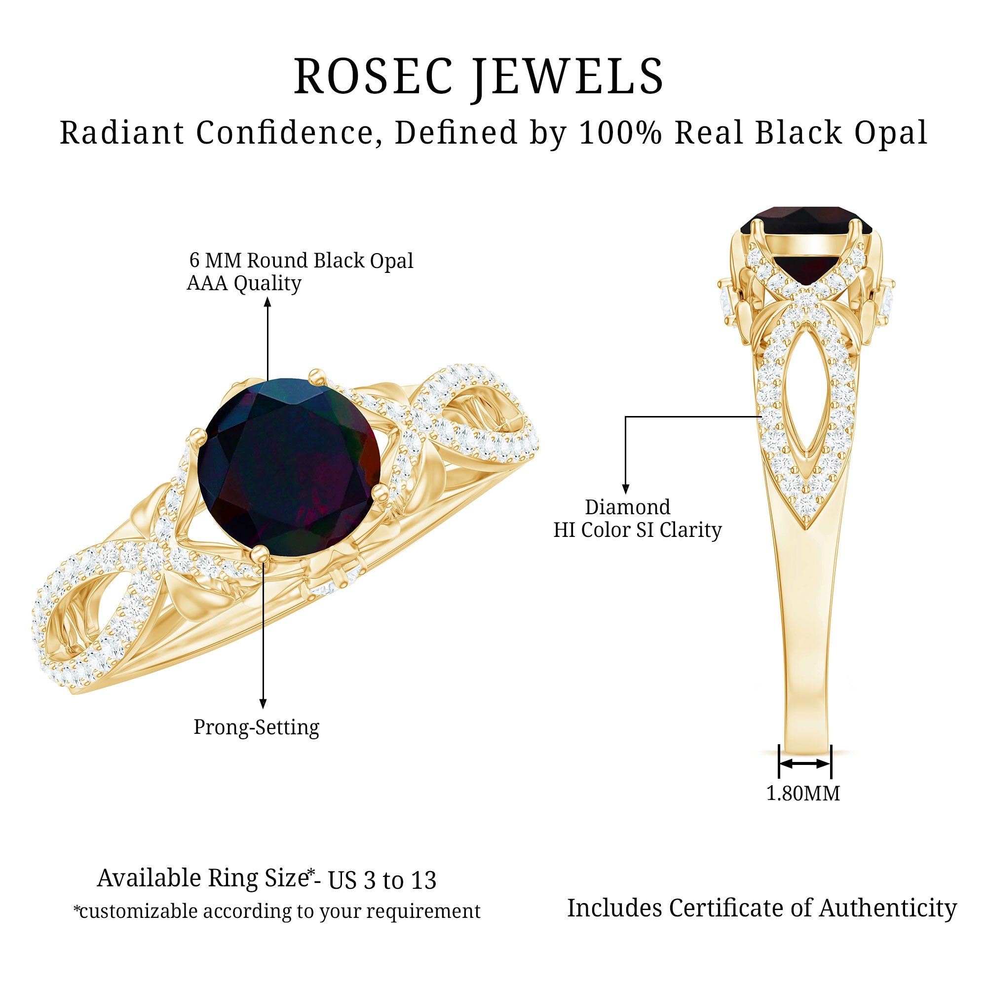 Natural Black Opal Crossover Engagement Ring with Diamond