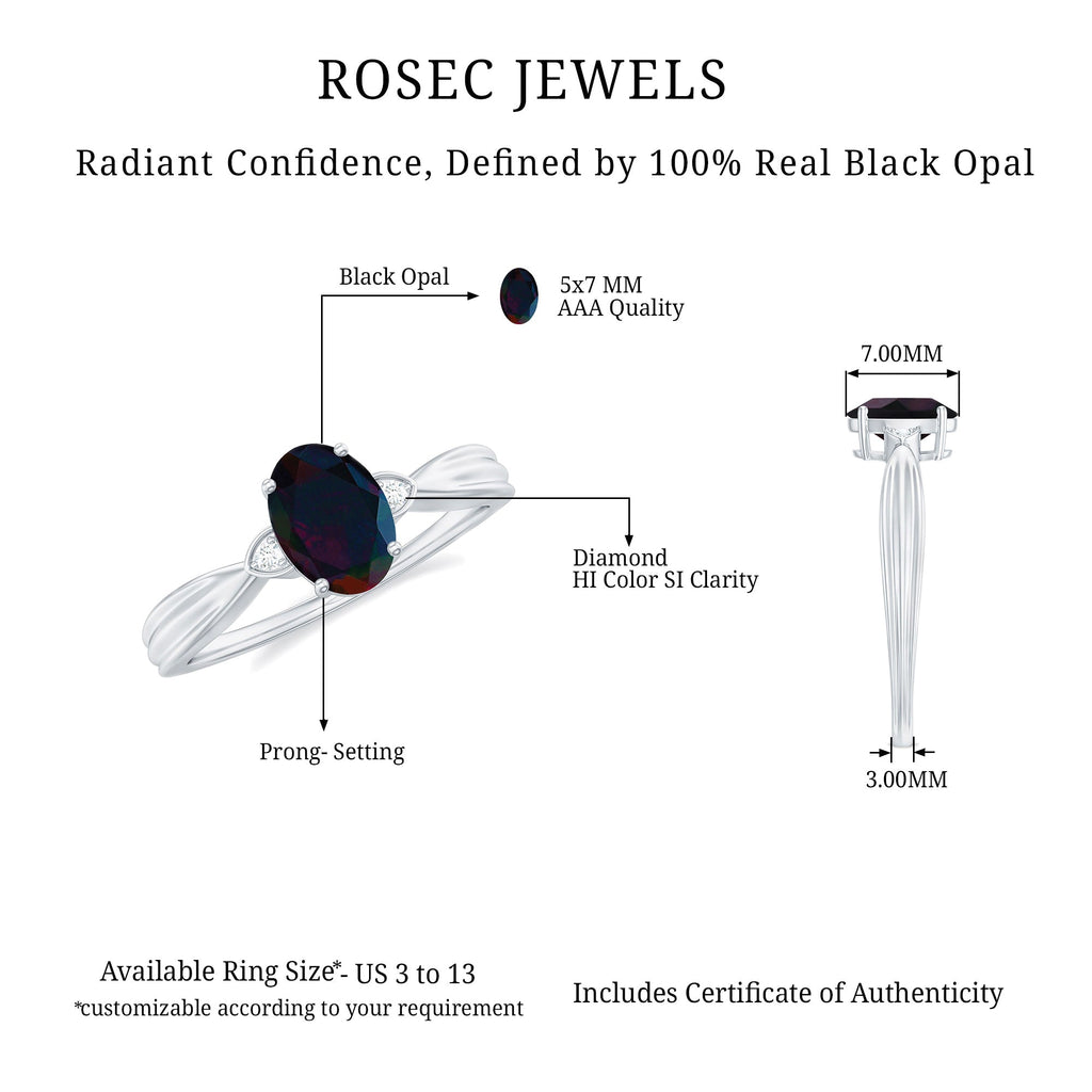Oval Cut Natural Black Opal Designer Ring with Diamond
