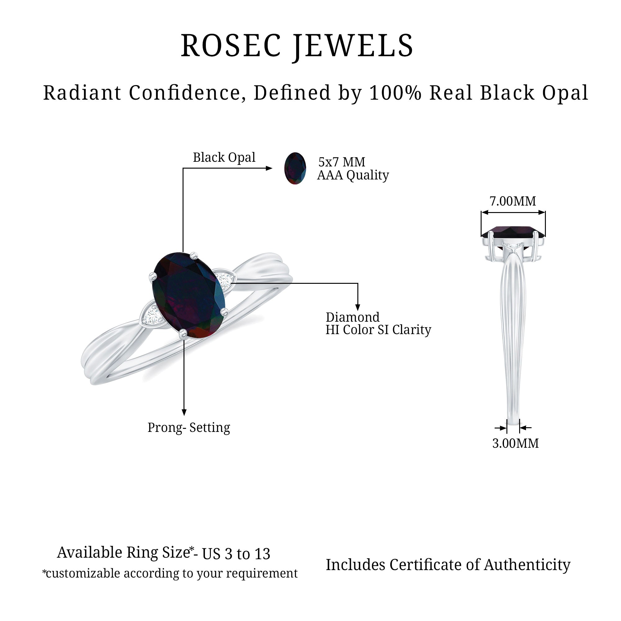 Oval Cut Natural Black Opal Designer Ring with Diamond