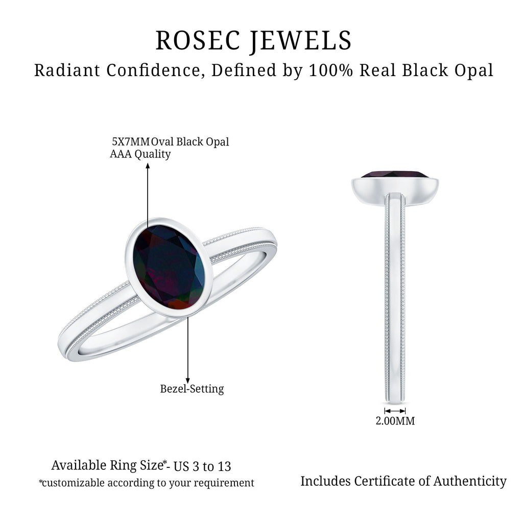 Oval Cut 5X7MM Black Opal Bezel Set Engagement Ring