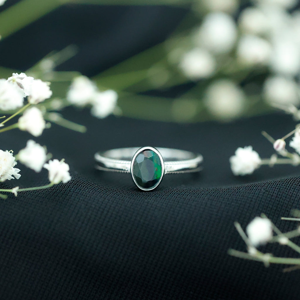 Oval Cut 5X7MM Black Opal Bezel Set Engagement Ring