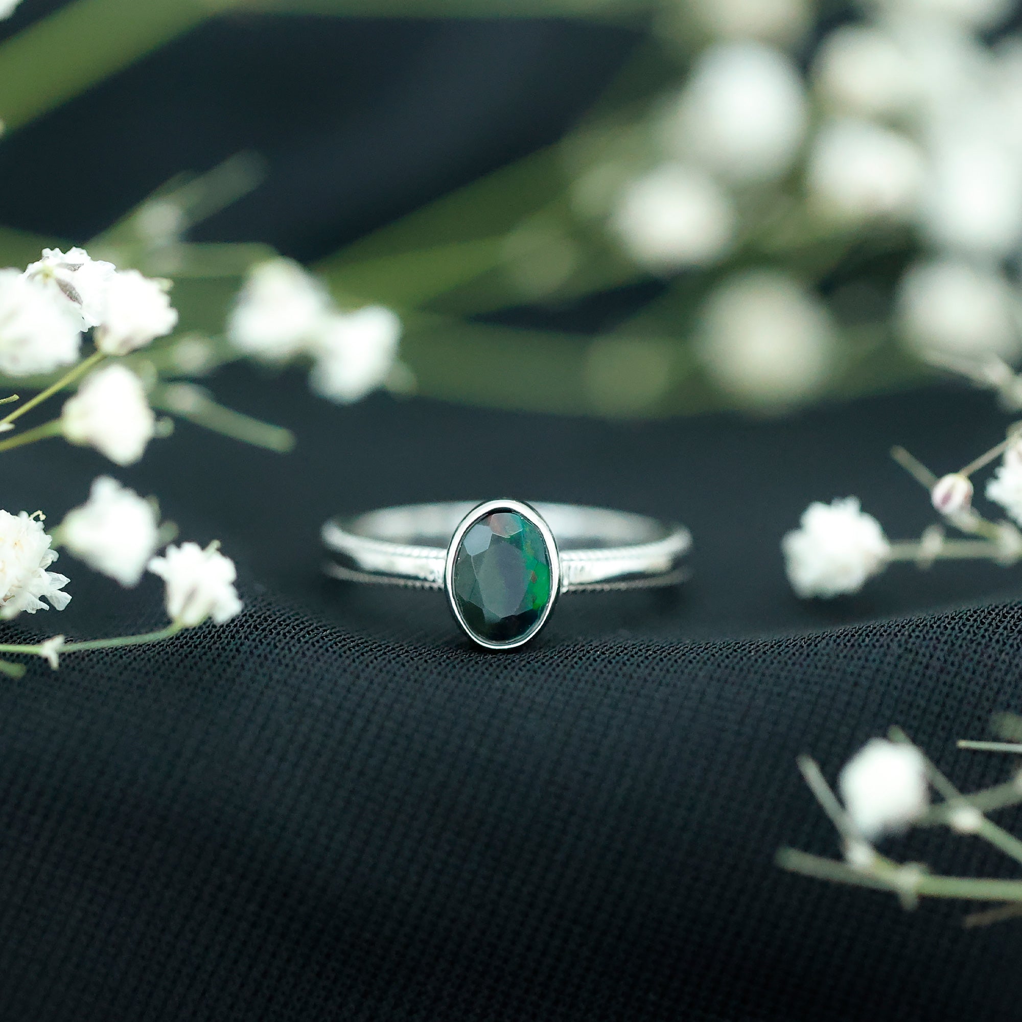 Oval Cut 5X7MM Black Opal Bezel Set Engagement Ring