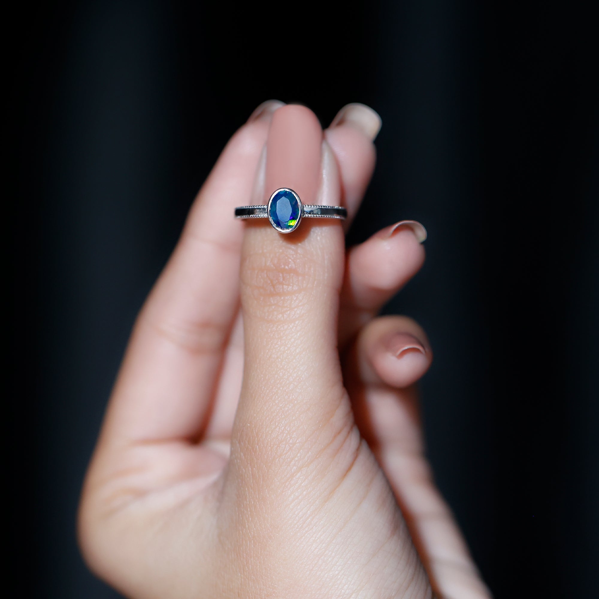Oval Cut 5X7MM Black Opal Bezel Set Engagement Ring