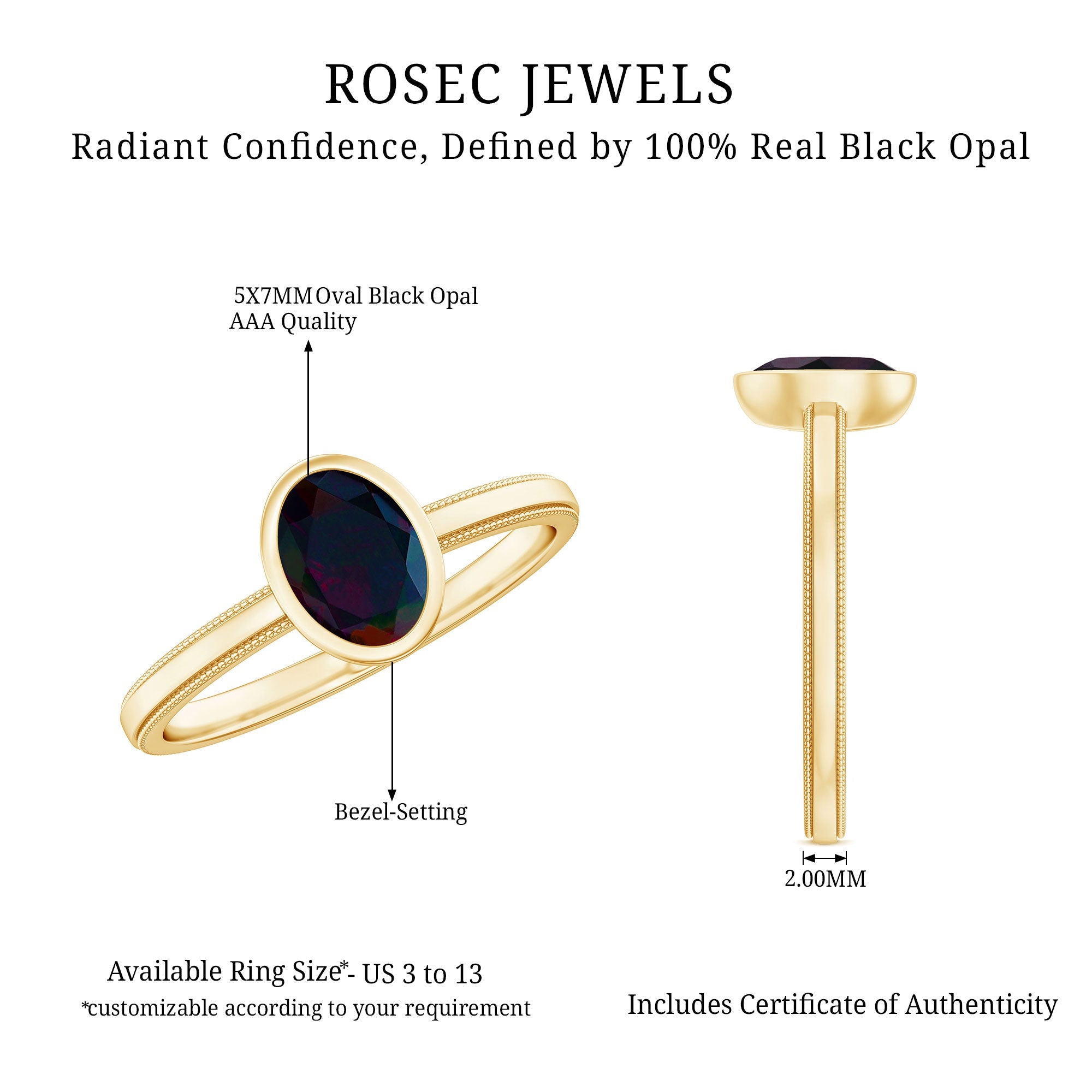 Oval Cut 5X7MM Black Opal Bezel Set Engagement Ring