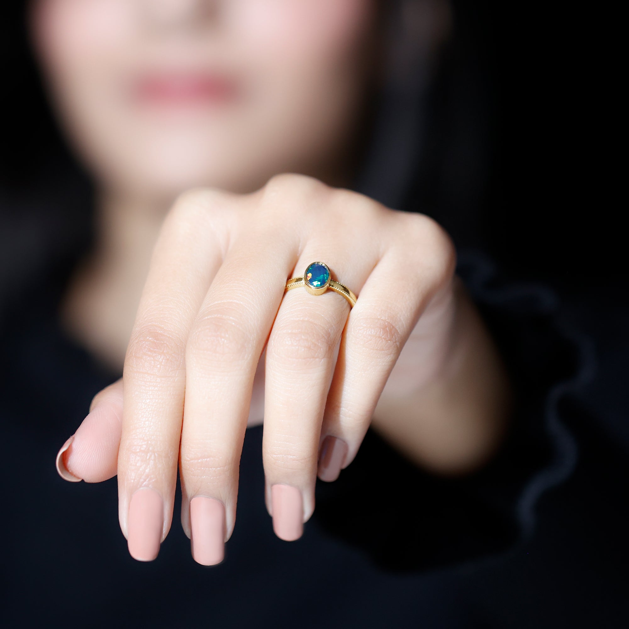 Oval Cut 5X7MM Black Opal Bezel Set Engagement Ring