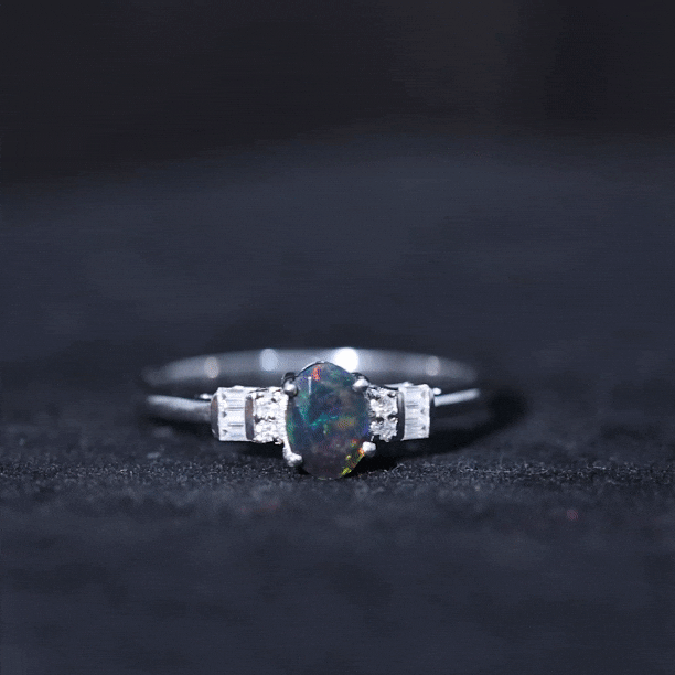 1 Carat Oval Cut Black Opal Engagement Ring with Diamond