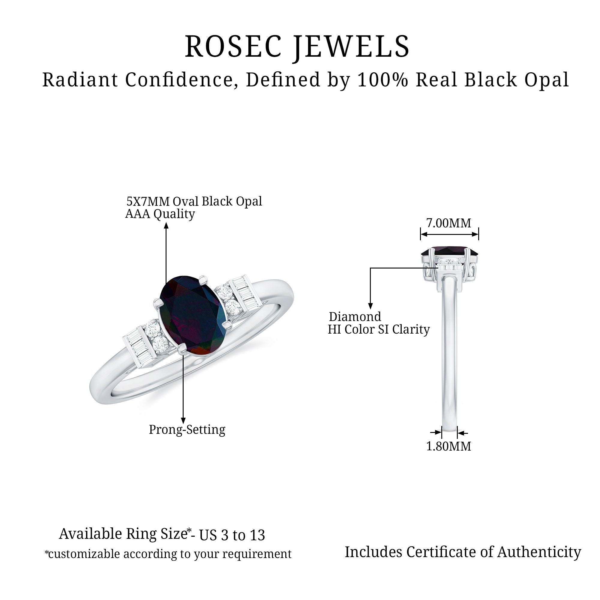 1 Carat Oval Cut Black Opal Engagement Ring with Diamond