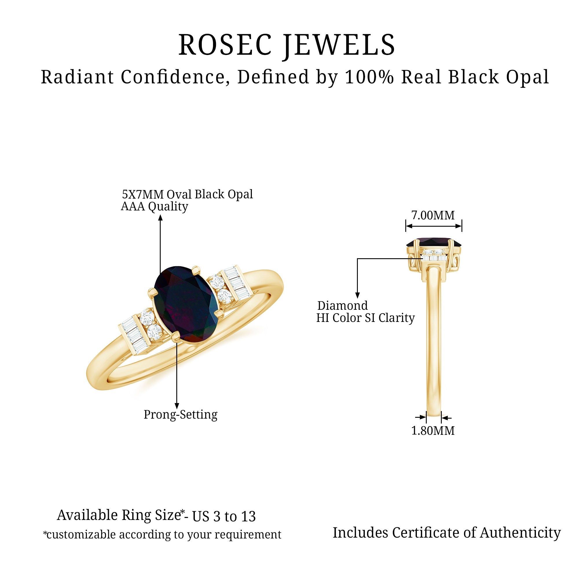 1 Carat Oval Cut Black Opal Engagement Ring with Diamond