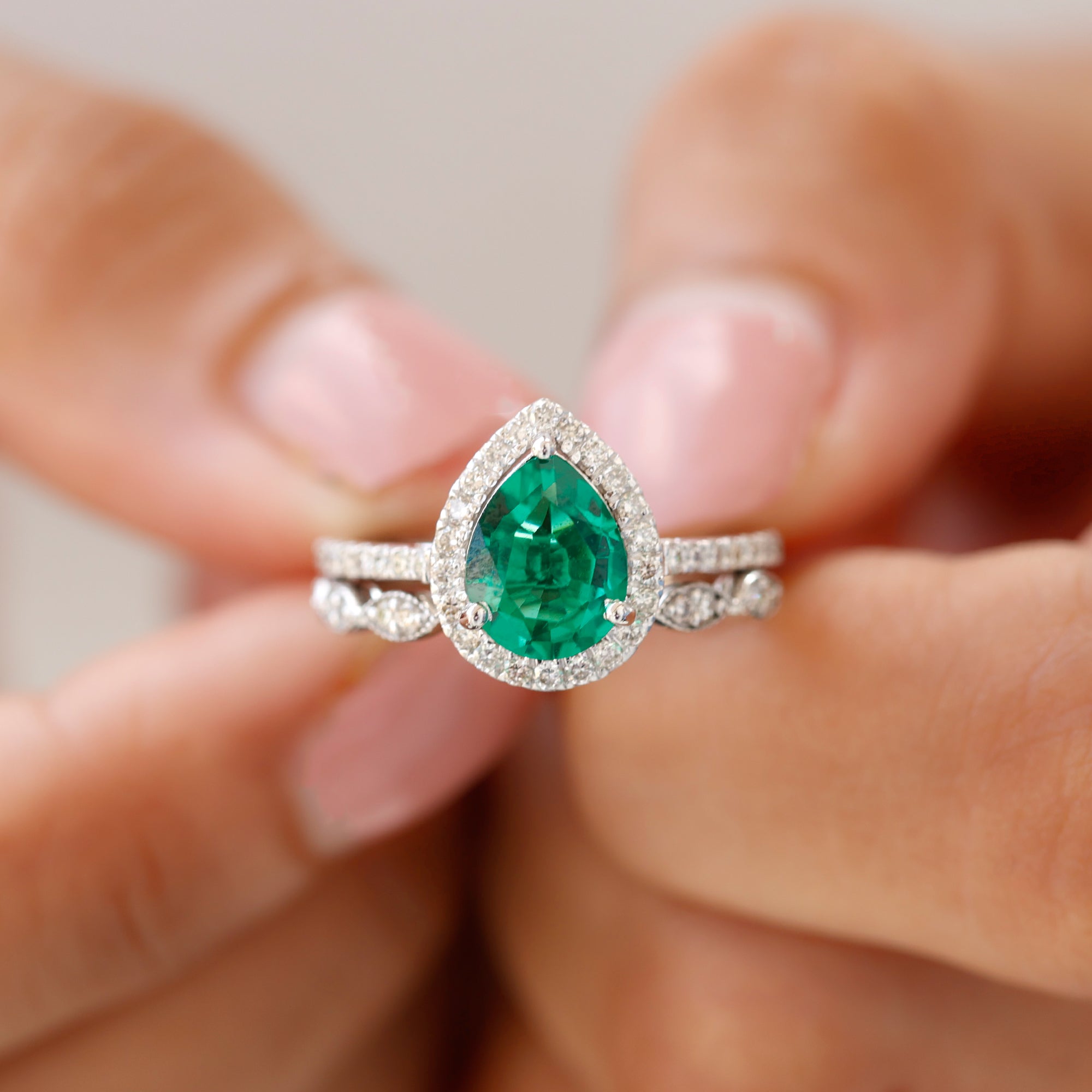 Designer Lab Grown Emerald Diamond Teardrop Engagement Ring with Wedding Band