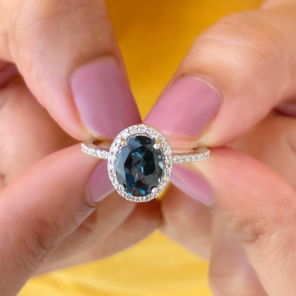 Classic London Blue Topaz Oval Engagement Ring with Diamond Halo