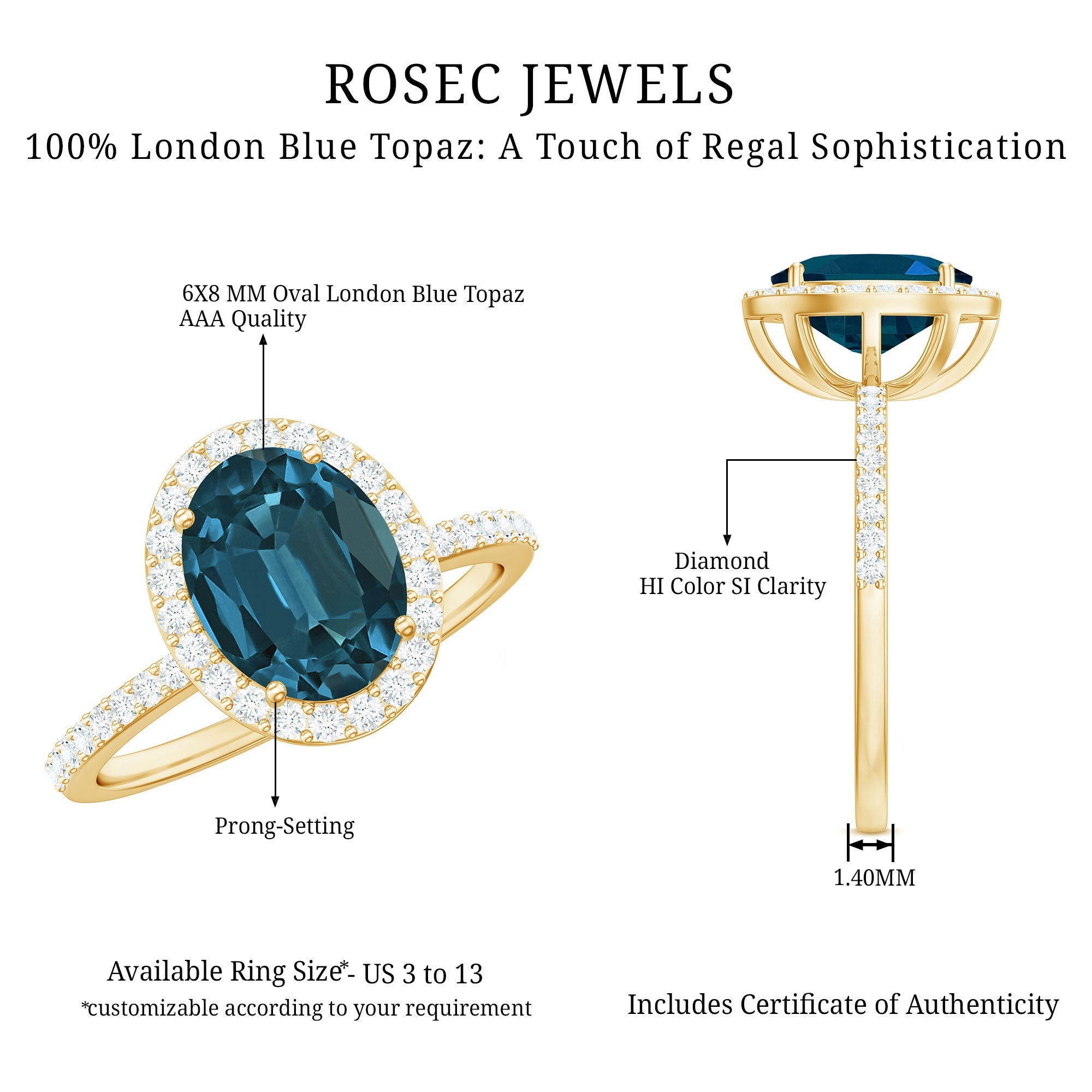 Classic London Blue Topaz Oval Engagement Ring with Diamond Halo