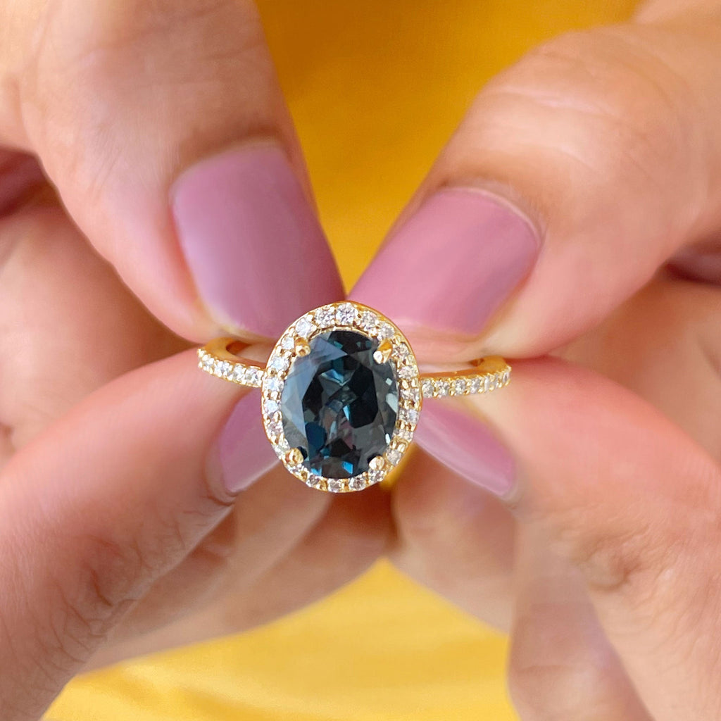 Classic London Blue Topaz Oval Engagement Ring with Diamond Halo