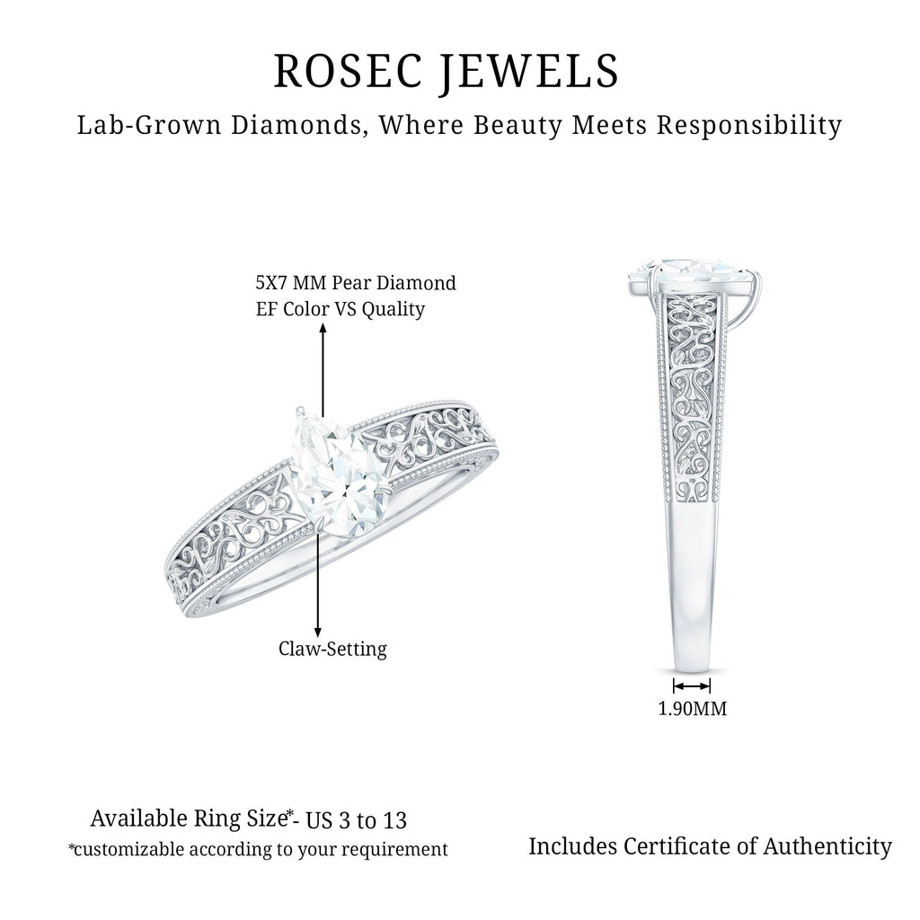 Pear Shape Lab Grown Diamond Vintage Inspired Solitaire Ring