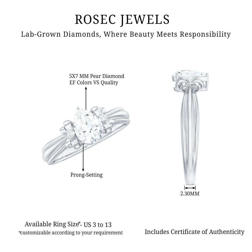 Pear Cut Lab Grown Diamond Solitaire Engagement Ring with Bow