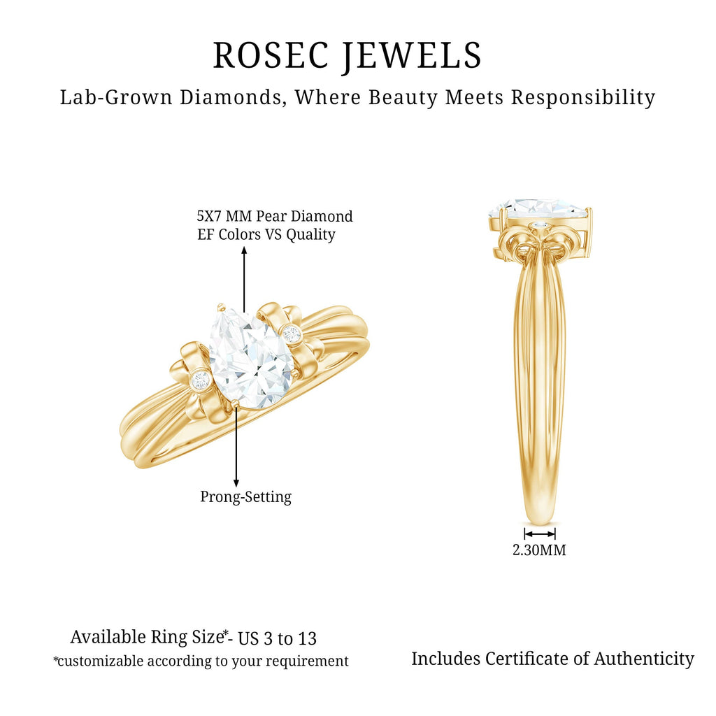 Pear Cut Lab Grown Diamond Solitaire Engagement Ring with Bow