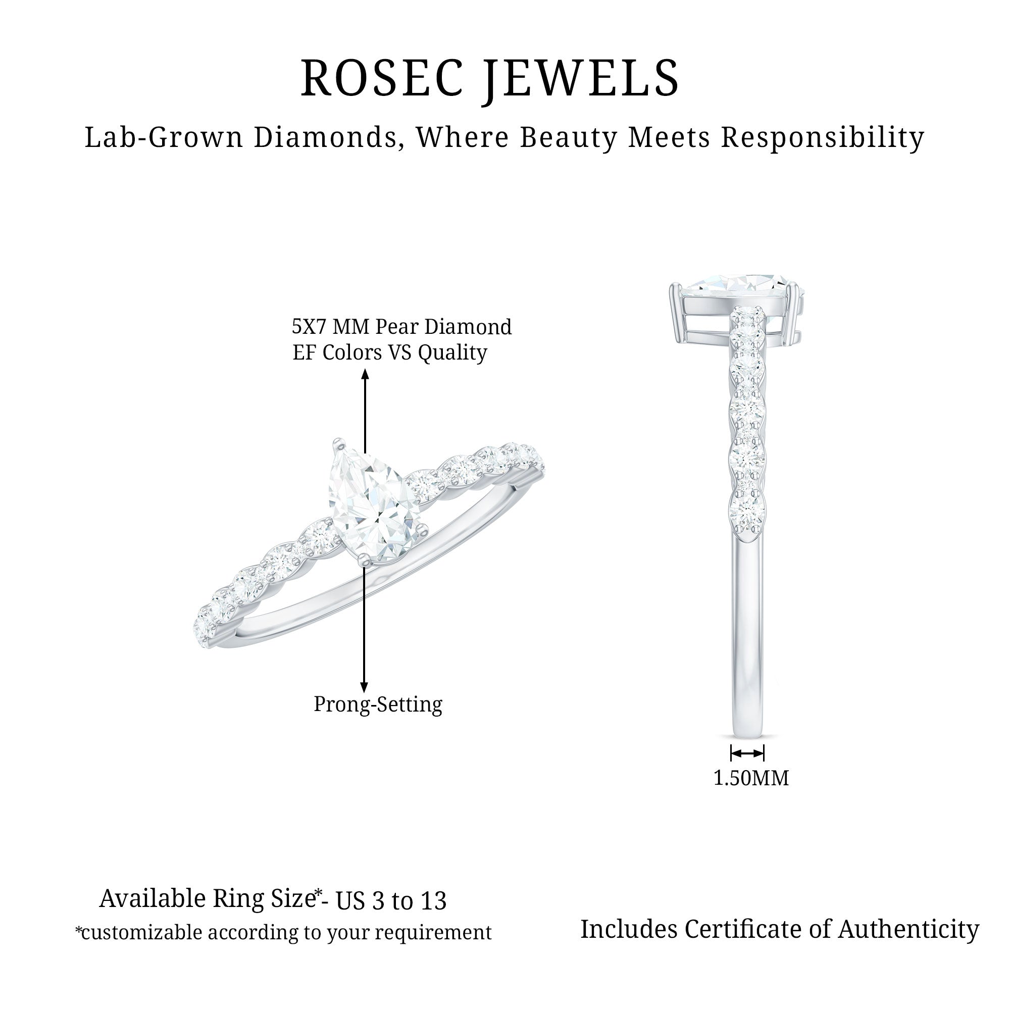 Pear Shape Lab Grown Diamond Solitaire Promise Ring with Side Stones