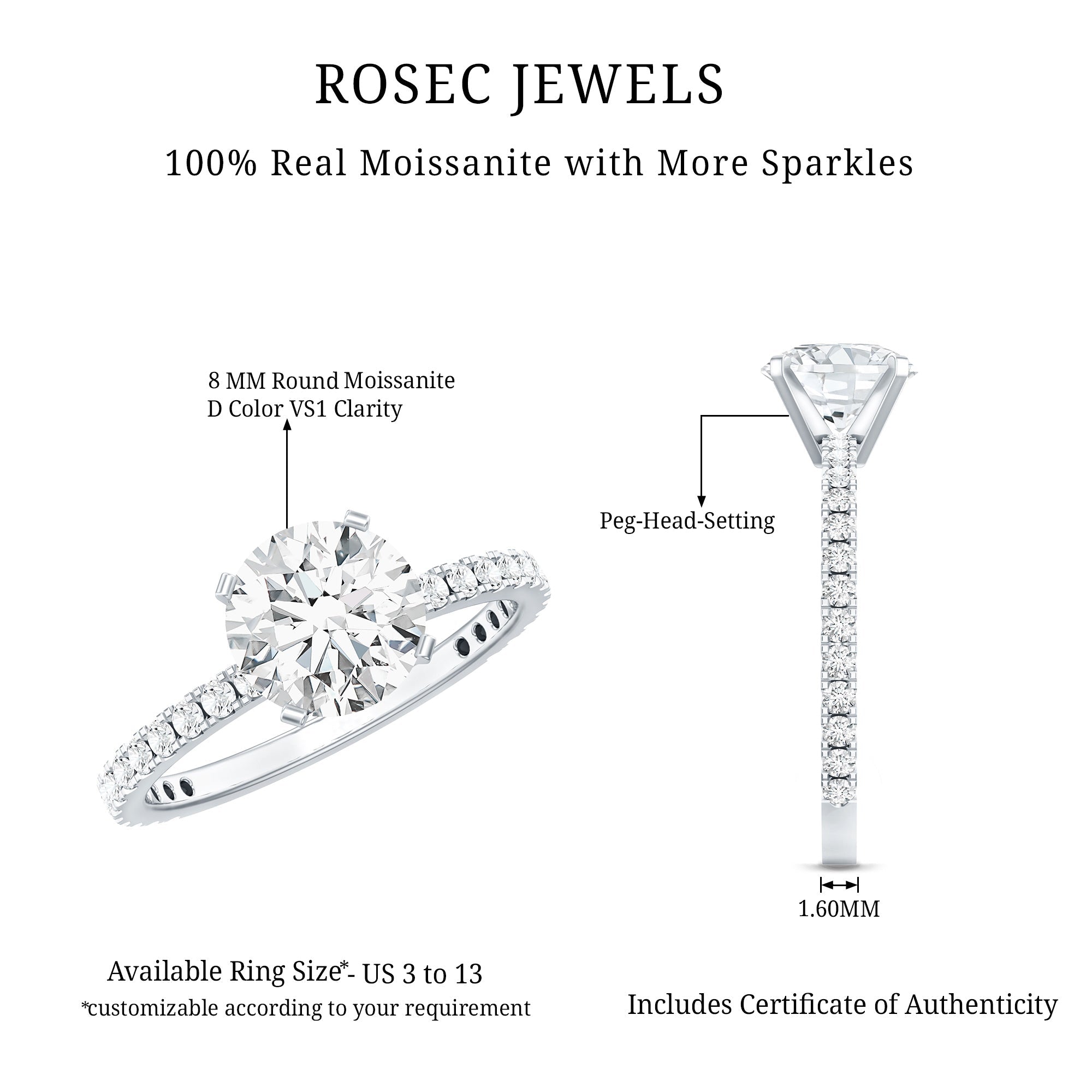 Certified 8 MM Moissanite Solitaire Engagement Ring