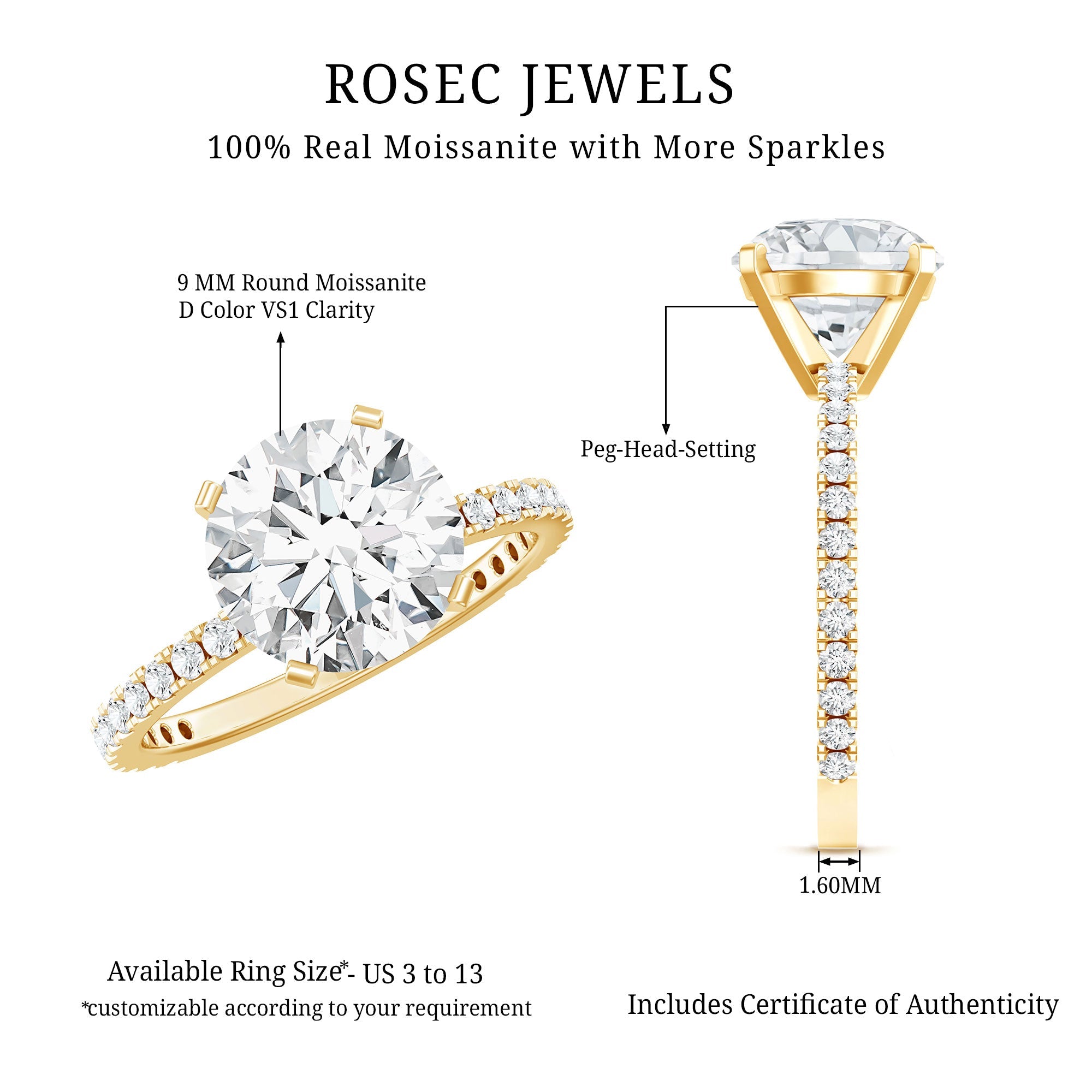 Certified Round Moissanite 4 CT Engagement Ring with Side Stones