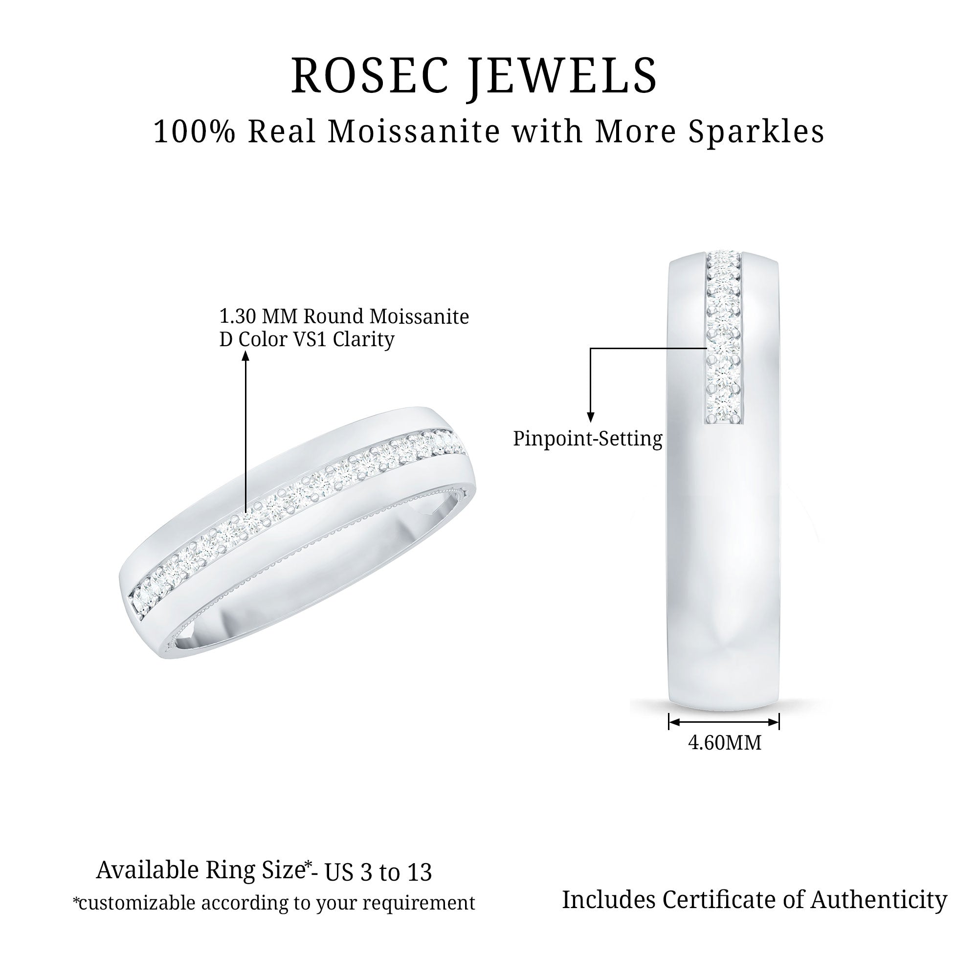 Certified Moissanite Classic Wedding Band Ring