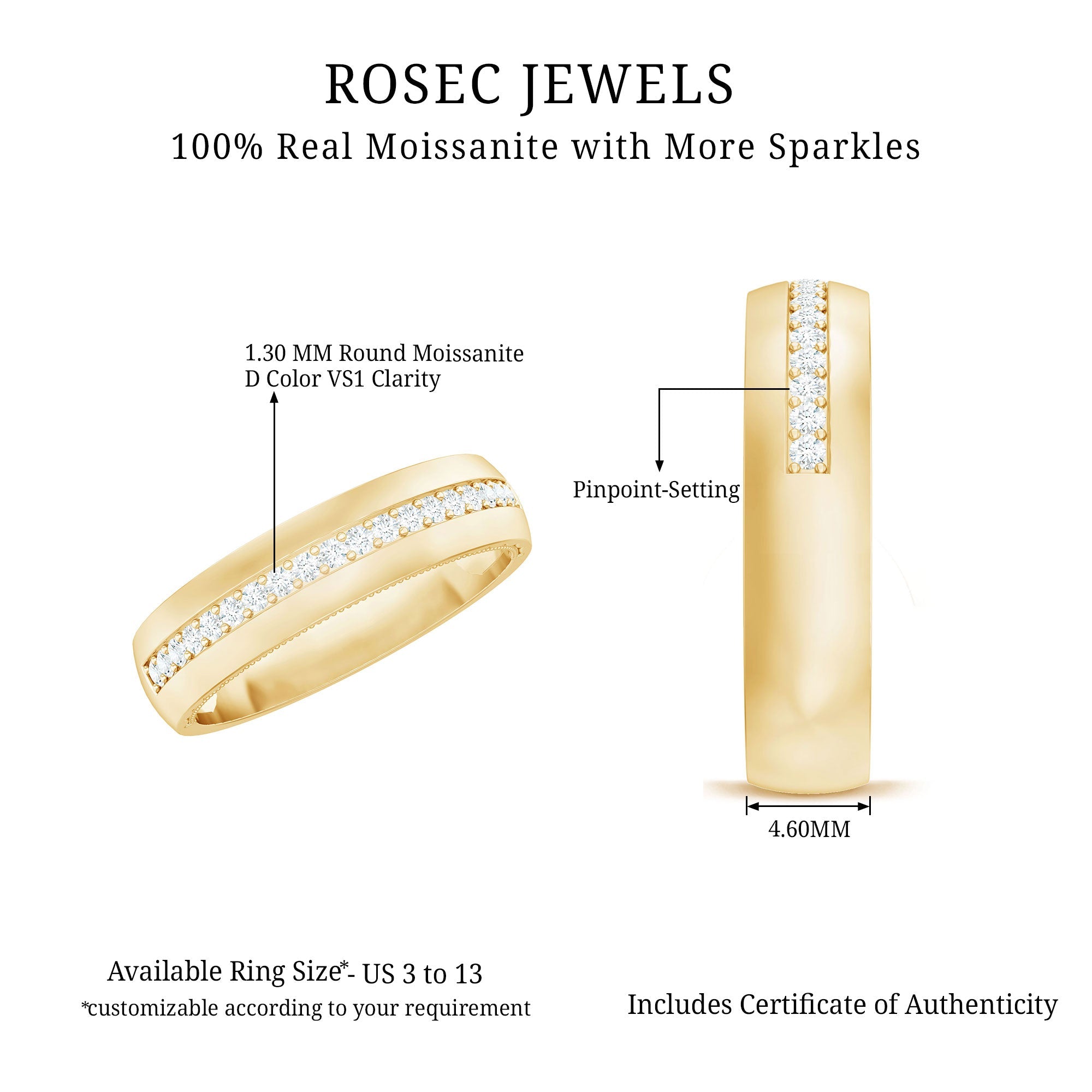 Certified Moissanite Classic Wedding Band Ring