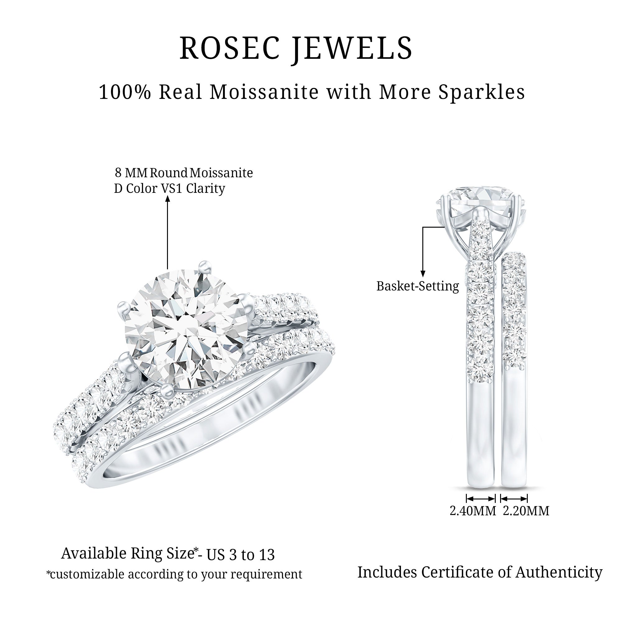 4 CT Moissanite Solitaire Engagement Ring Set With Eternity Band