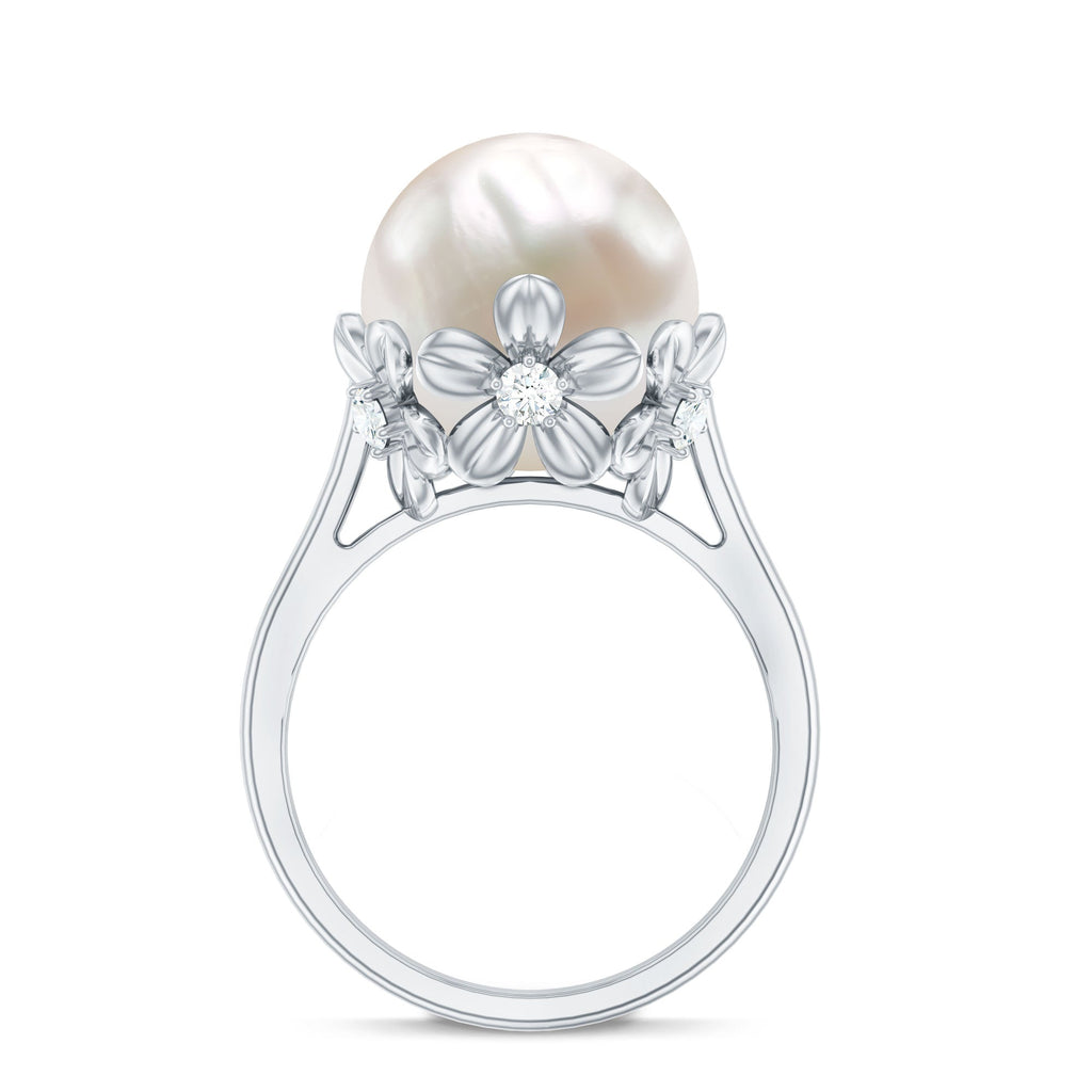Floral Set Freshwater Pearl Solitaire Ring with Diamond Accent