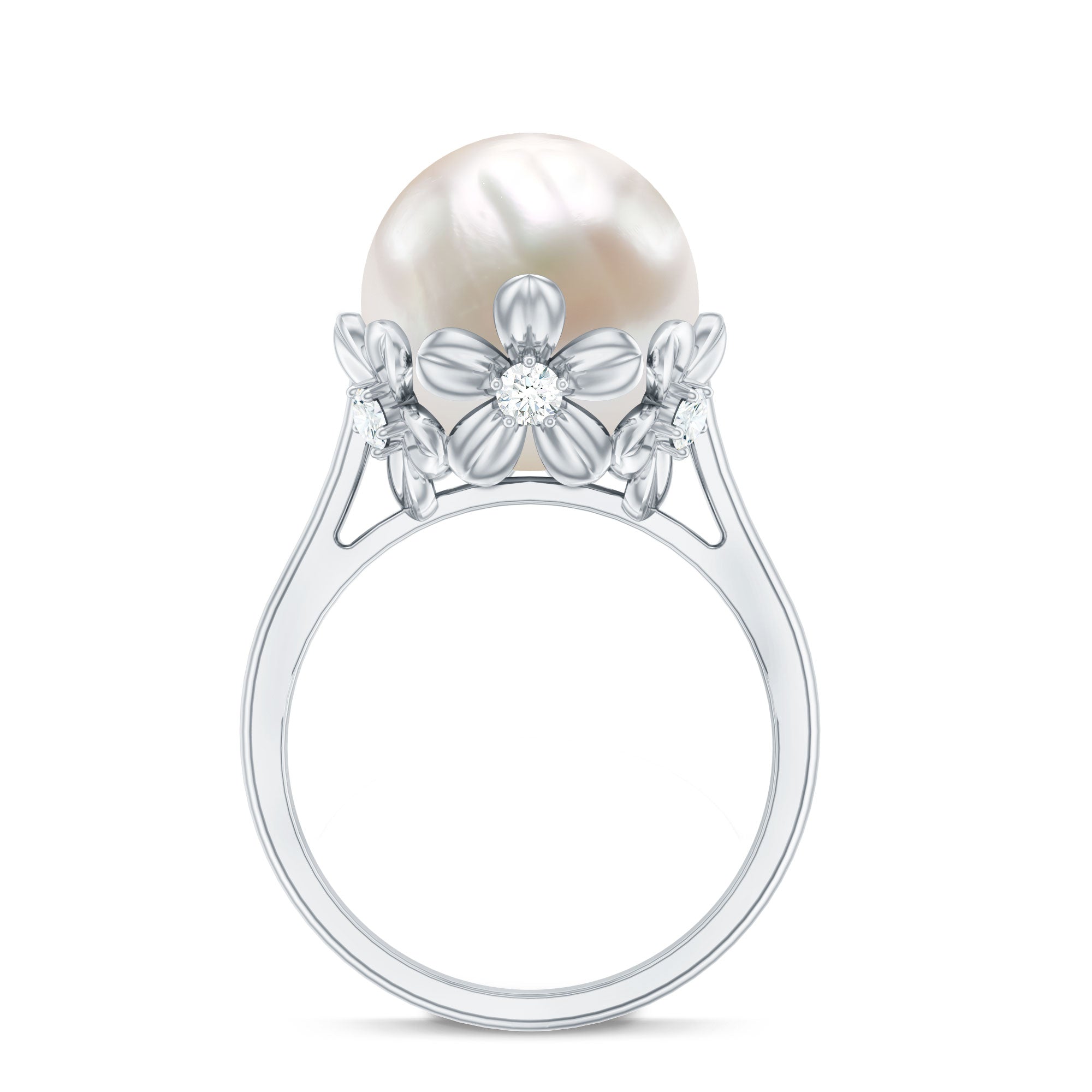 Floral Set Freshwater Pearl Solitaire Ring with Diamond Accent