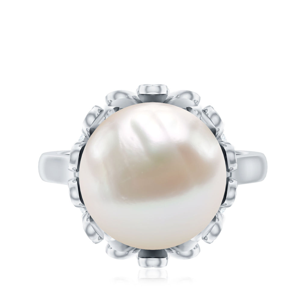 Floral Set Freshwater Pearl Solitaire Ring with Diamond Accent