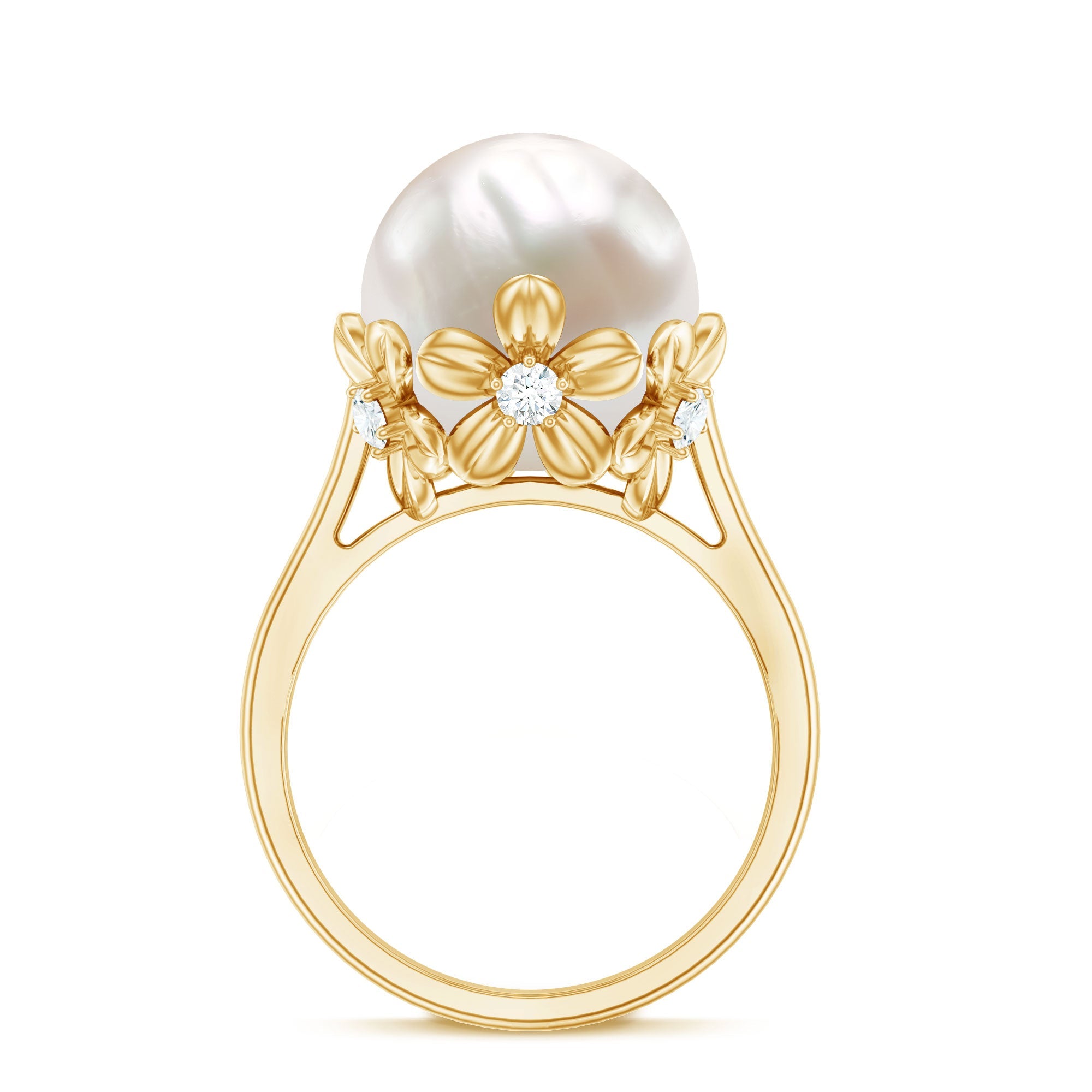 Floral Set Freshwater Pearl Solitaire Ring with Diamond Accent
