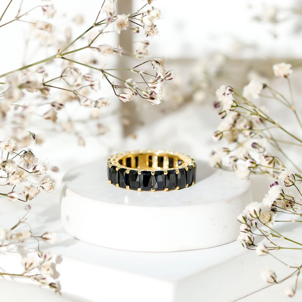Emerald Cut Black Spinel Eternity Band