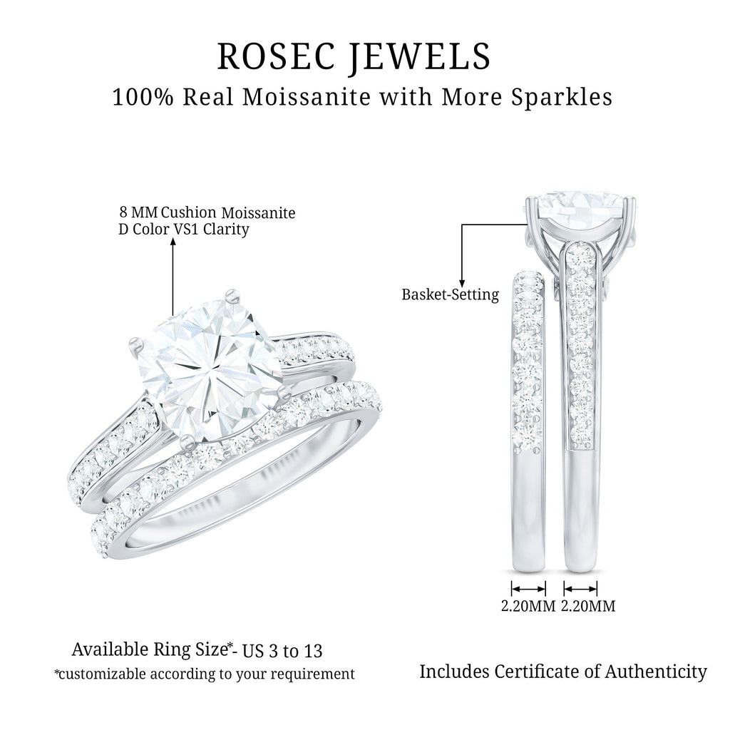 3 CT Cushion Cut Moissanite Solitaire Engagement Ring with Wedding Band