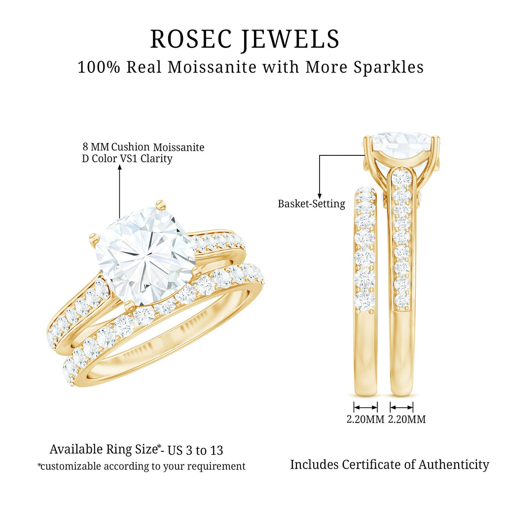 3 CT Cushion Cut Moissanite Solitaire Engagement Ring with Wedding Band