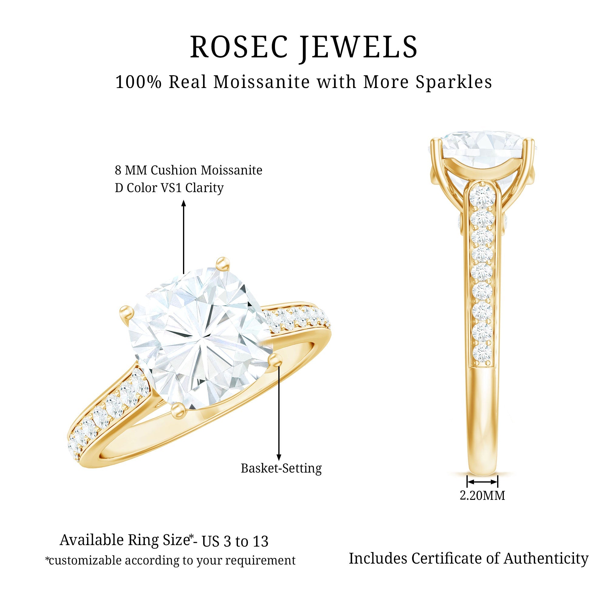 8 MM Cushion Moissanite Cathedral Engagement Ring