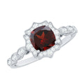 Vintage Looking 8mm Garnet Cushion Cut Engagement Ring with Diamond