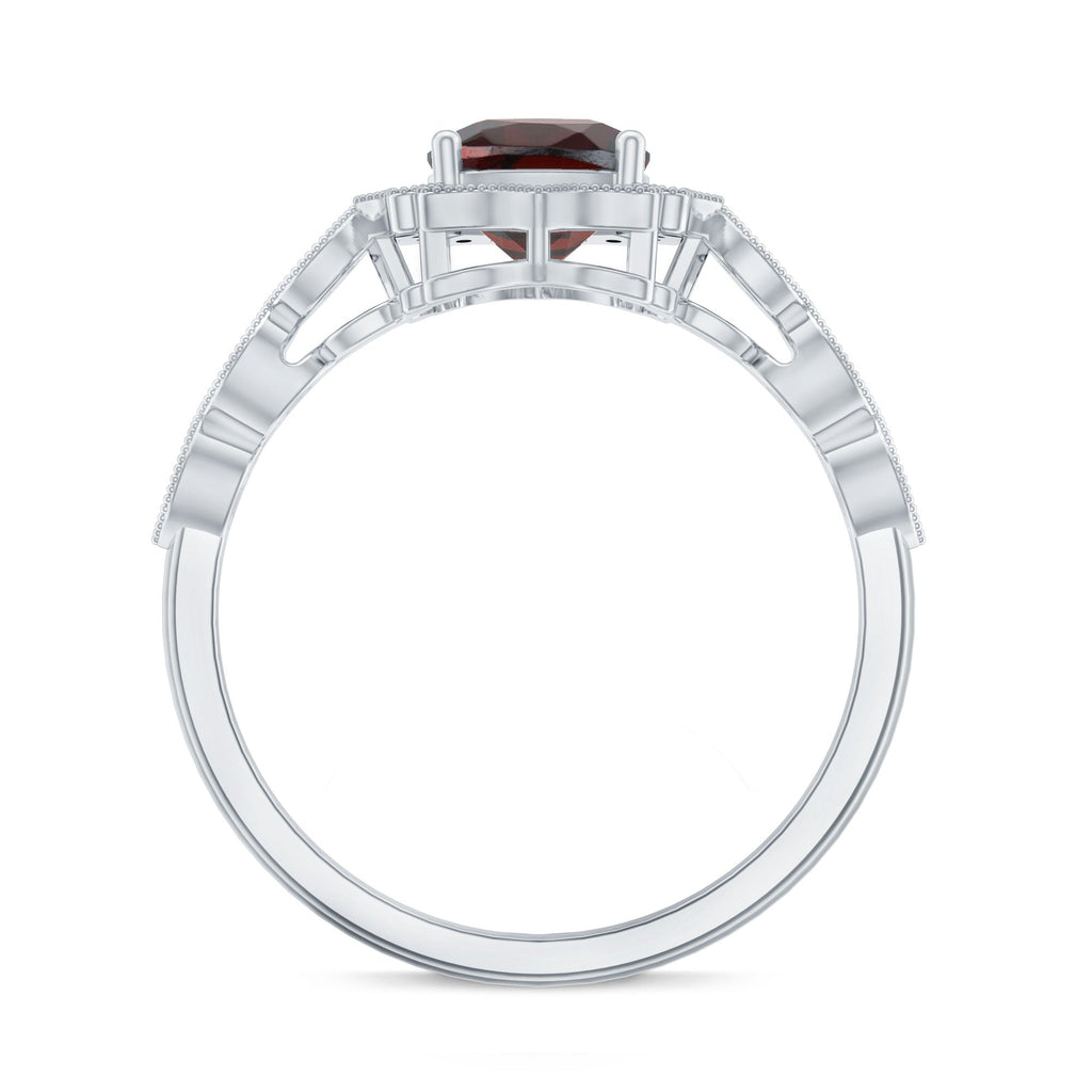 Vintage Looking 8mm Garnet Cushion Cut Engagement Ring with Diamond