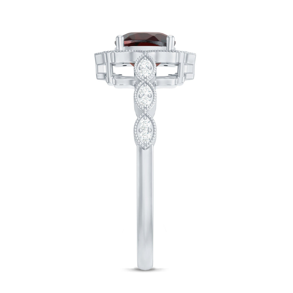 Vintage Looking 8mm Garnet Cushion Cut Engagement Ring with Diamond