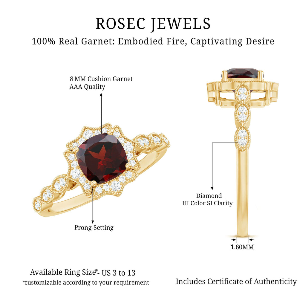 Vintage Looking 8mm Garnet Cushion Cut Engagement Ring with Diamond