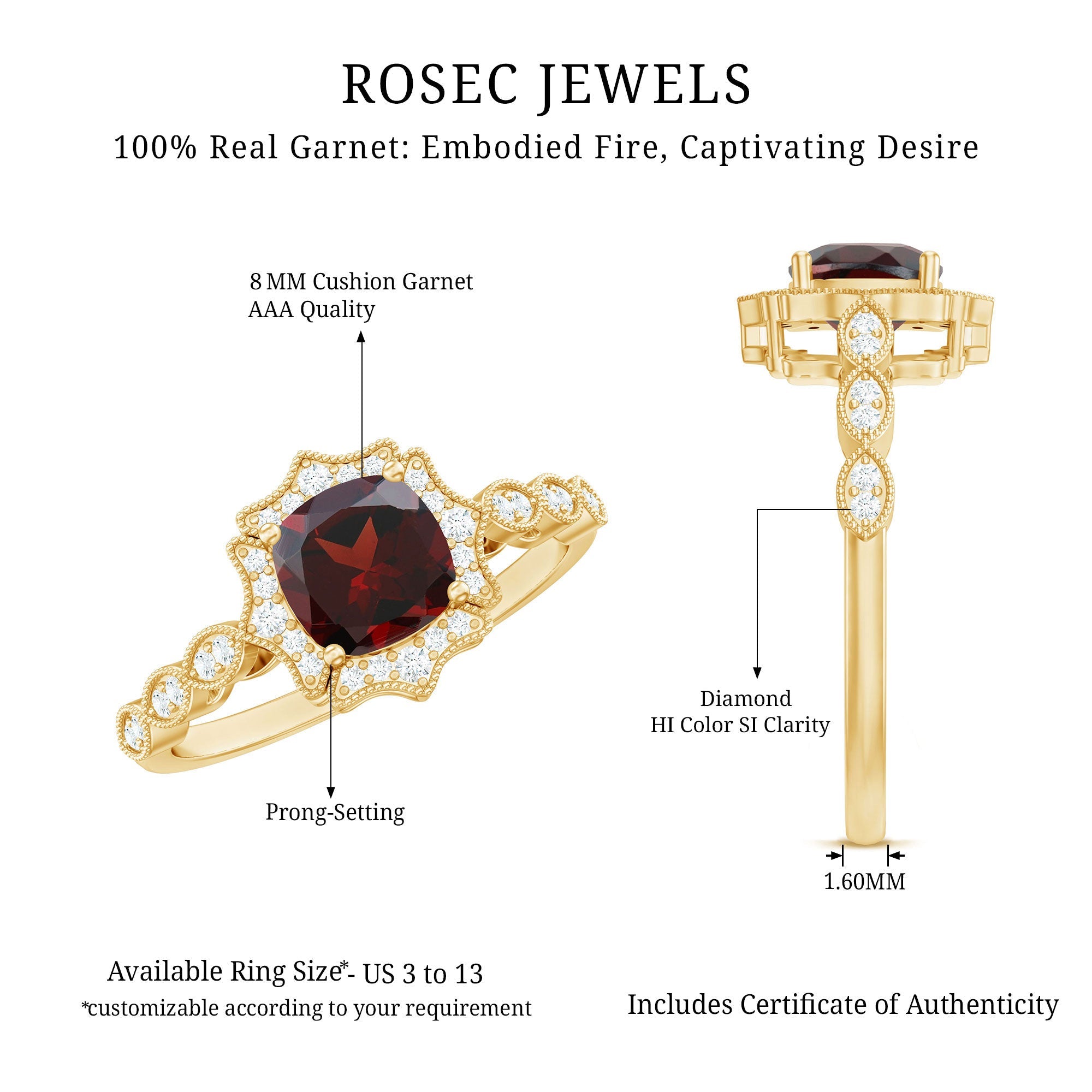 Vintage Looking 8mm Garnet Cushion Cut Engagement Ring with Diamond