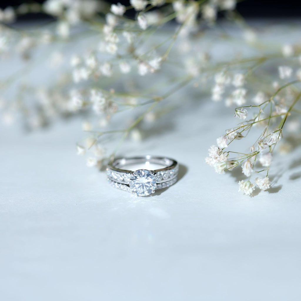 Certified 8 MM Moissanite Engagement Ring with Wedding Band