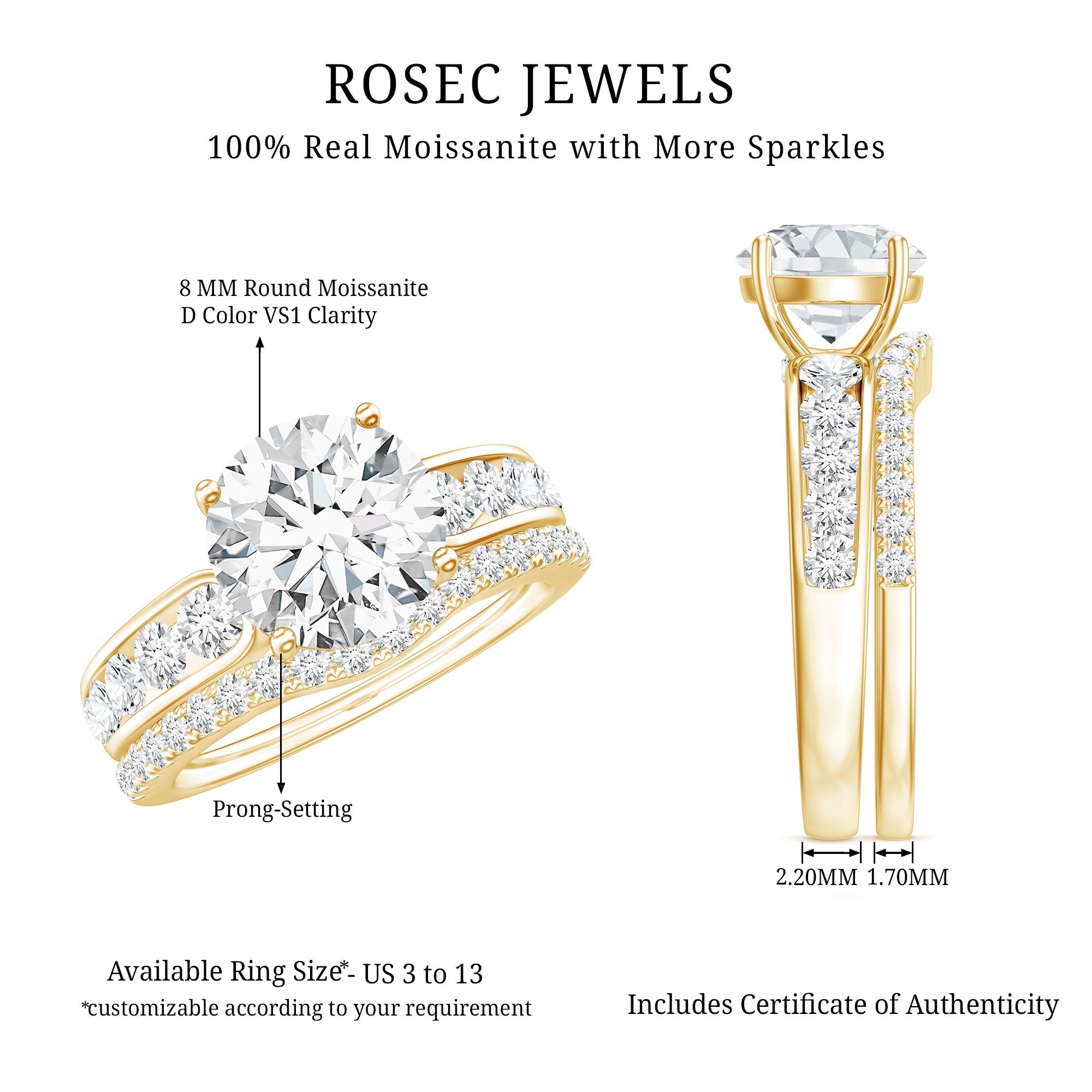 Certified 8 MM Moissanite Engagement Ring with Wedding Band