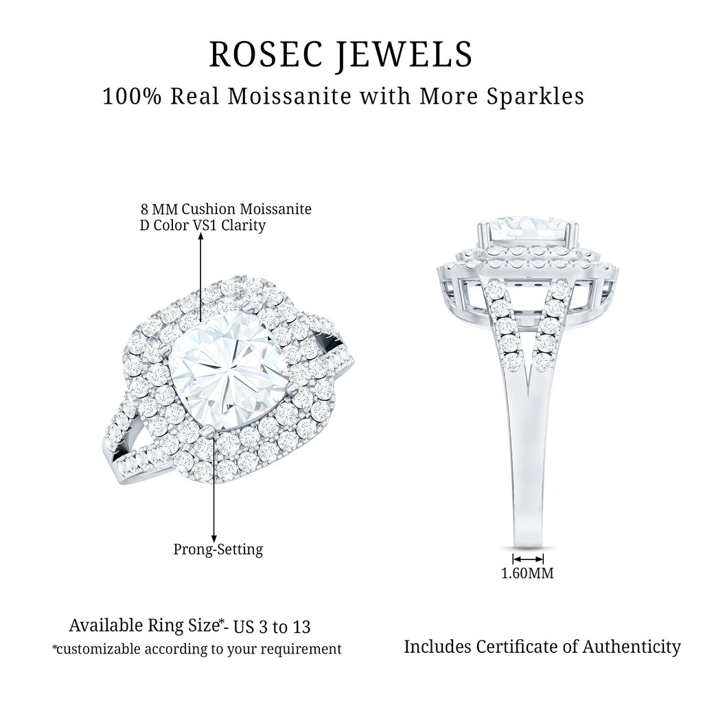 Certified Cushion Cut Moissanite Double Halo Engagement Ring